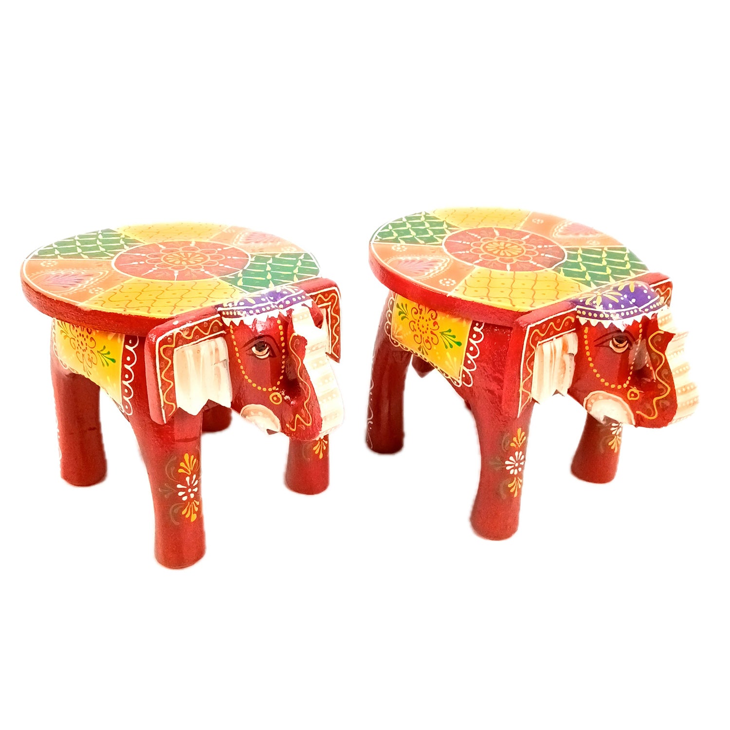 Elephant Showpiece - Stool Design | Elephant Table Showpiece - for Placing Small Pots & Tea Lights - for Home, Living Room Decor & Gifts - 9 Inch (Red, Wood) - Apkamart #Style_Pack Of 2