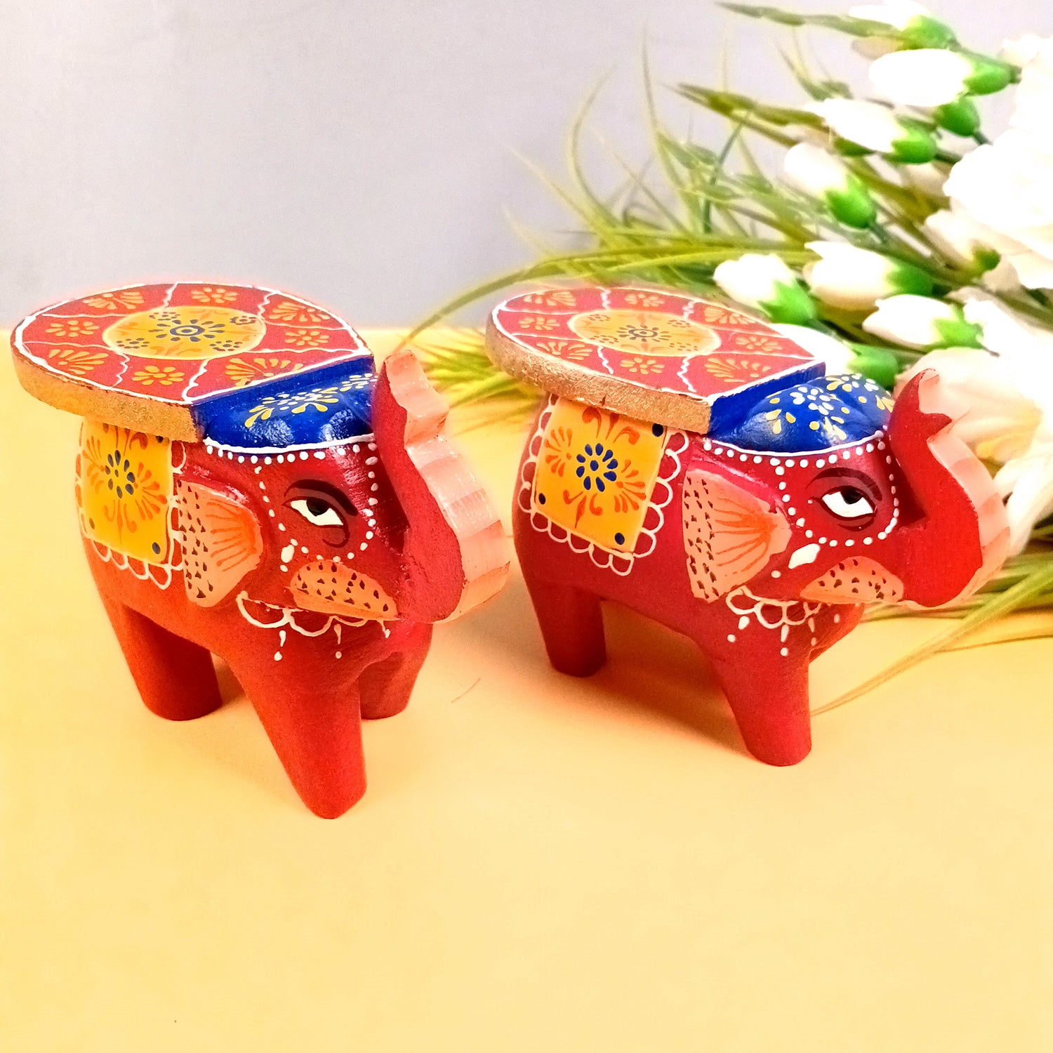  Elephant Showpiece | Elephant Table Showpiece - for Placing Small Pots & Tea Lights - for Home, Living Room Decor & Gifts - 5 Inch (Red, Wood) - Apkamart #Style_Design 1 (Pack Of 2)