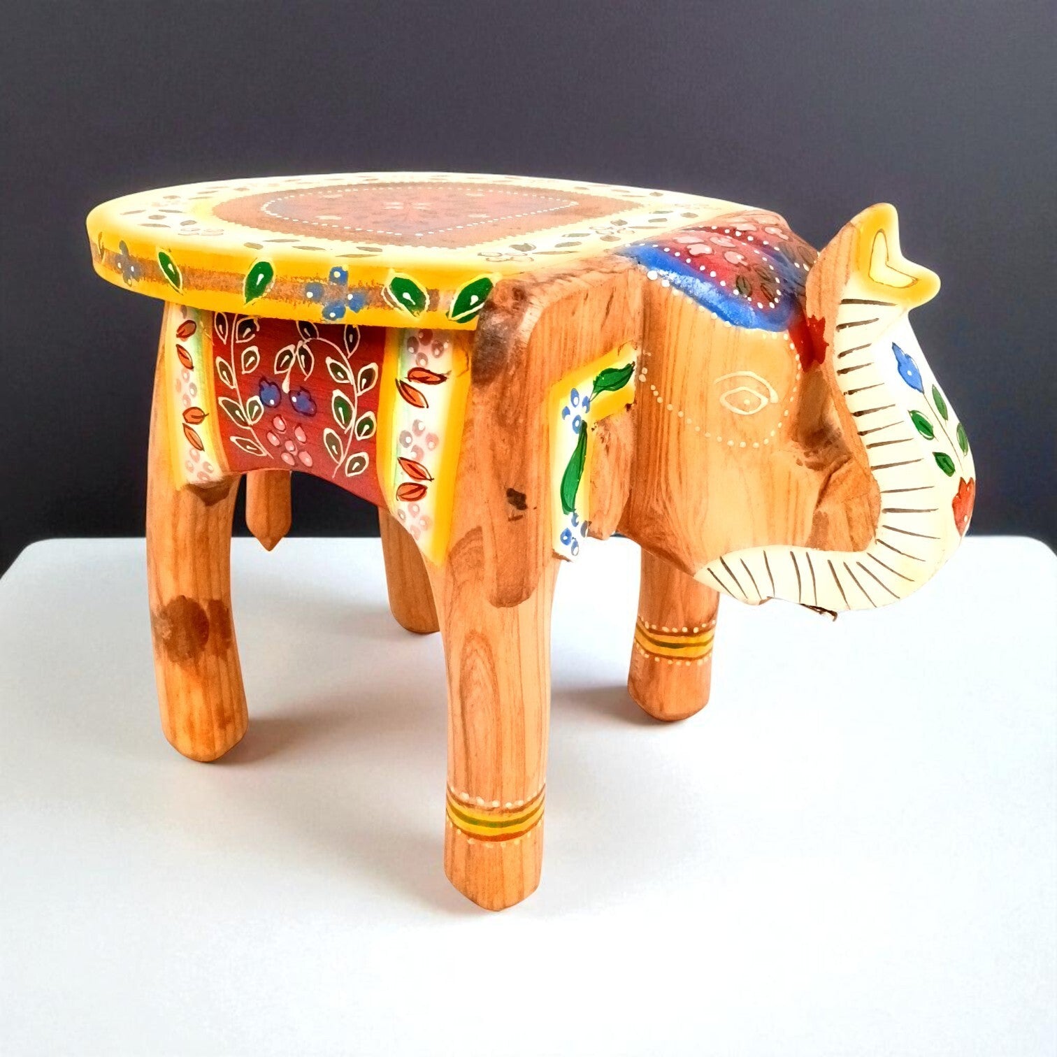 Handcrafted Wooden Elephant Stool | Decorative Brown Elephant Shaped Table | Traditional Wooden Decor Stool for Living Room, Bedroom & Gift - 8 Inch - Apkamart