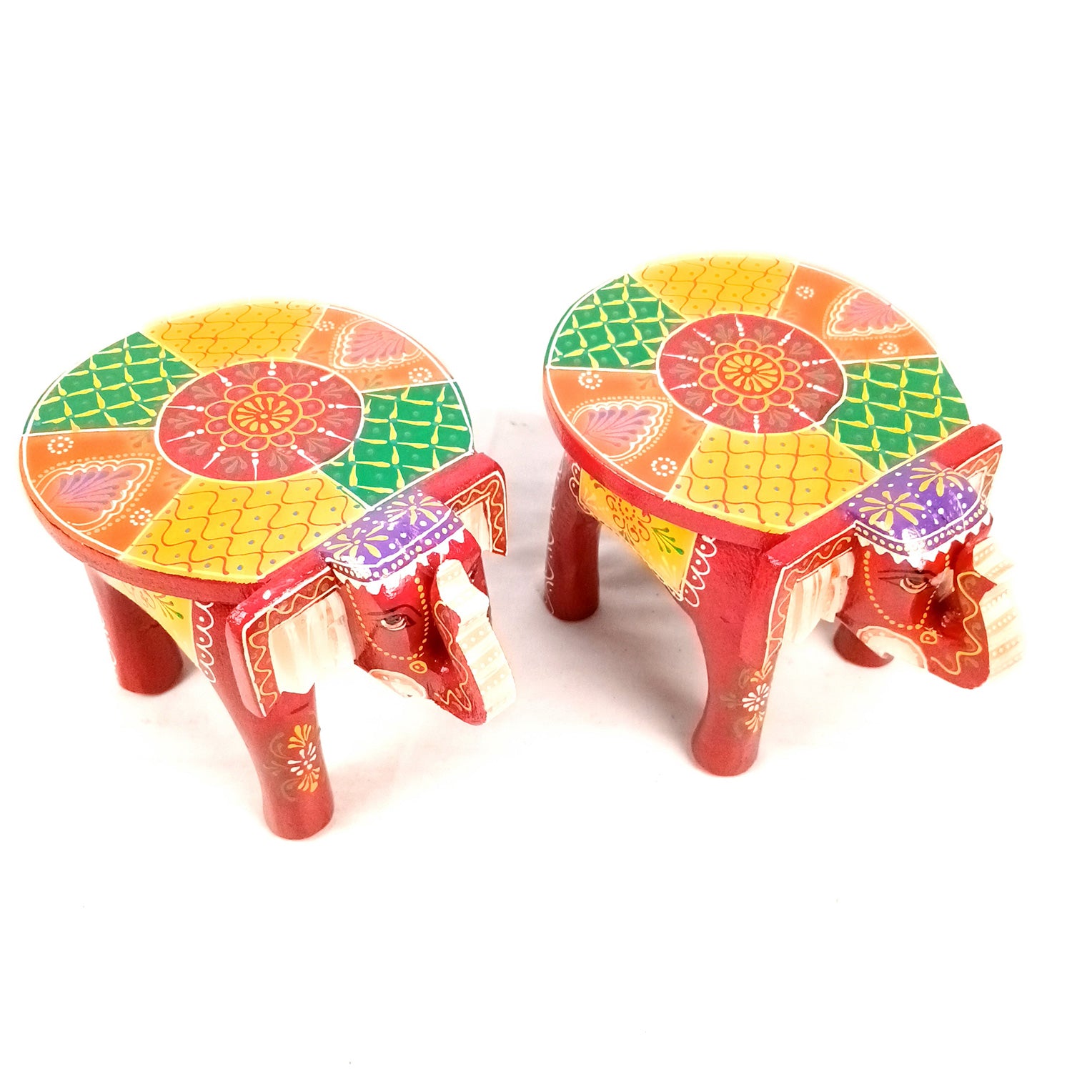 Elephant Showpiece - Stool Design | Elephant Table Showpiece - for Placing Small Pots & Tea Lights - for Home, Living Room Decor & Gifts - 9 Inch (Red, Wood) - Apkamart #Style_Pack Of 2