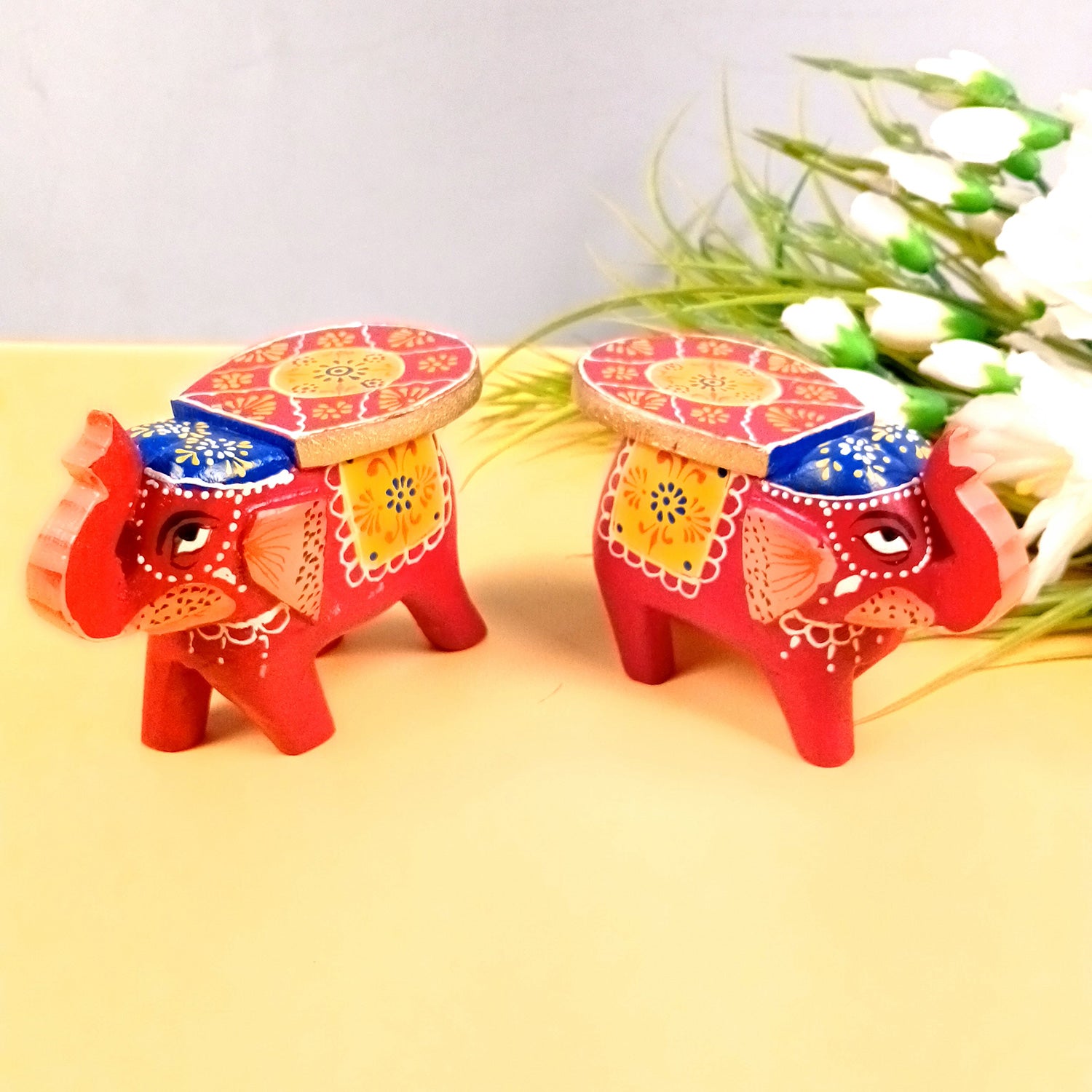  Elephant Showpiece | Elephant Table Showpiece - for Placing Small Pots & Tea Lights - for Home, Living Room Decor & Gifts - 5 Inch (Red, Wood) - Apkamart #Style_Design 1 (Pack Of 2)