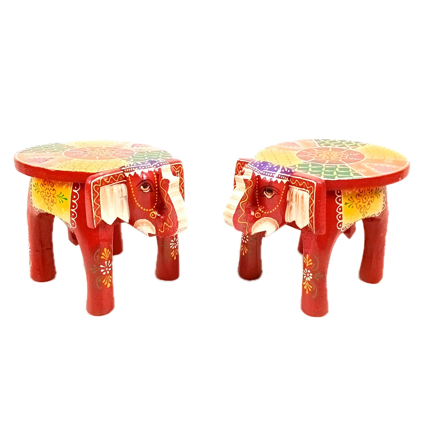 Elephant Showpiece - Stool Design | Elephant Table Showpiece - for Placing Small Pots & Tea Lights - for Home, Living Room Decor & Gifts - 9 Inch (Red, Wood) - Apkamart #Style_Pack Of 2