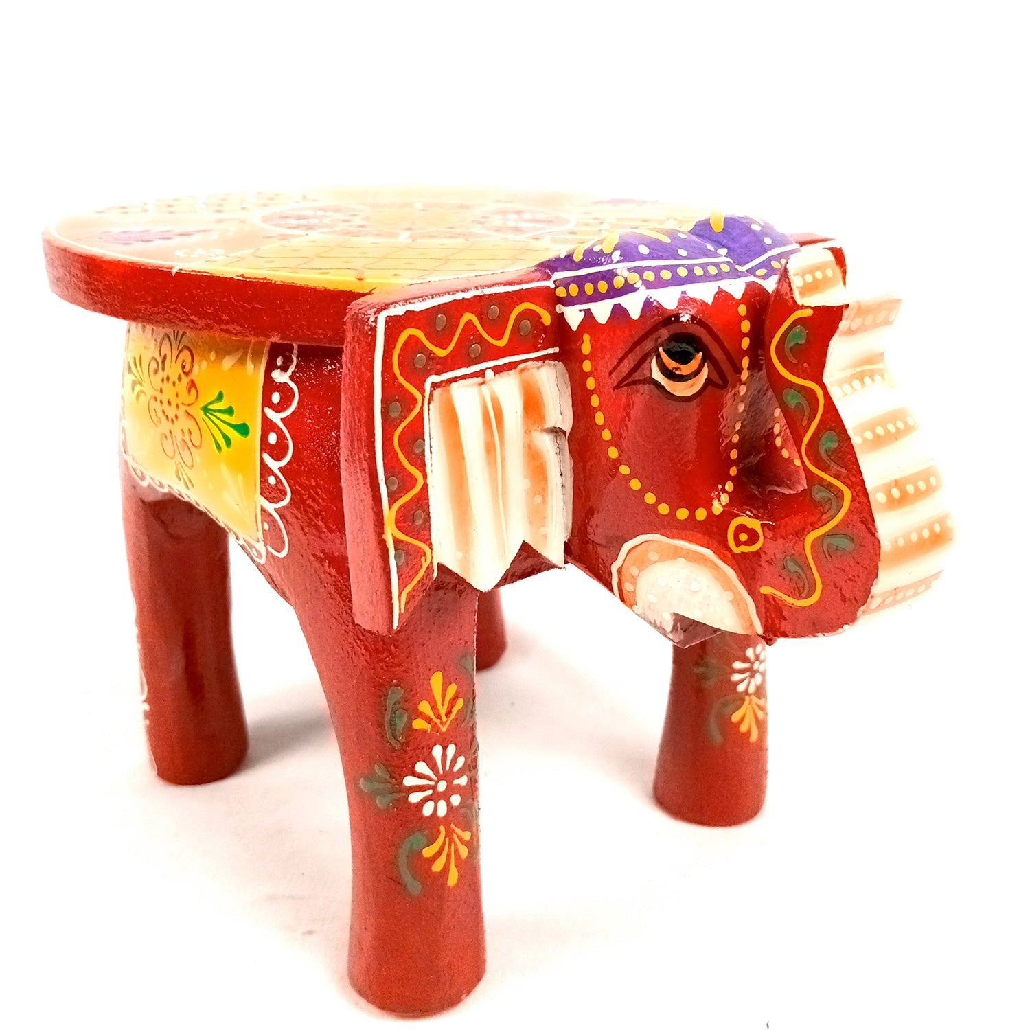 Elephant Showpiece - Stool Design | Elephant Table Showpiece - for Placing Small Pots & Tea Lights - for Home, Living Room Decor & Gifts - 9 Inch (Red, Wood) - Apkamart #Style_Pack Of 1