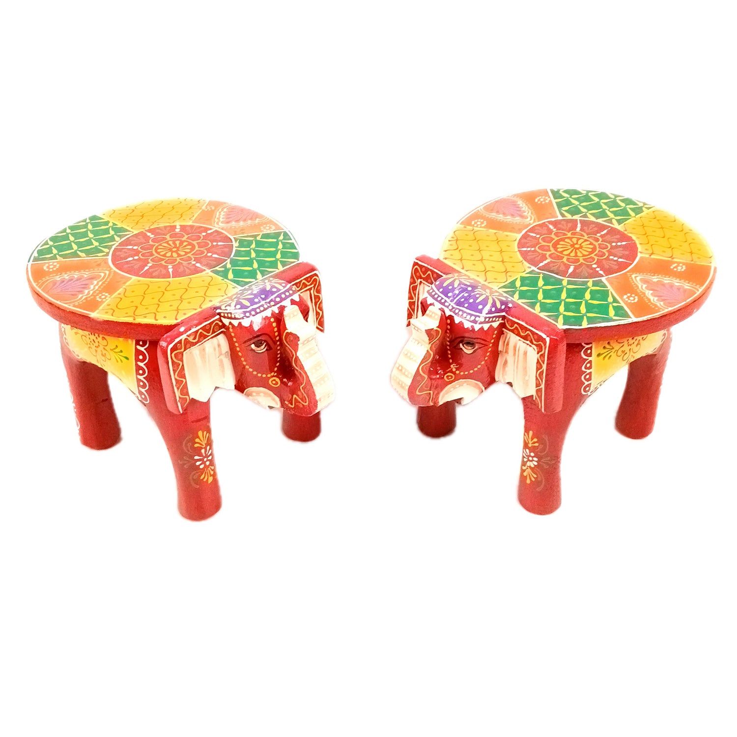 Elephant Showpiece - Stool Design | Elephant Table Showpiece - for Placing Small Pots & Tea Lights - for Home, Living Room Decor & Gifts - 9 Inch (Red, Wood) - Apkamart #Style_Pack Of 2