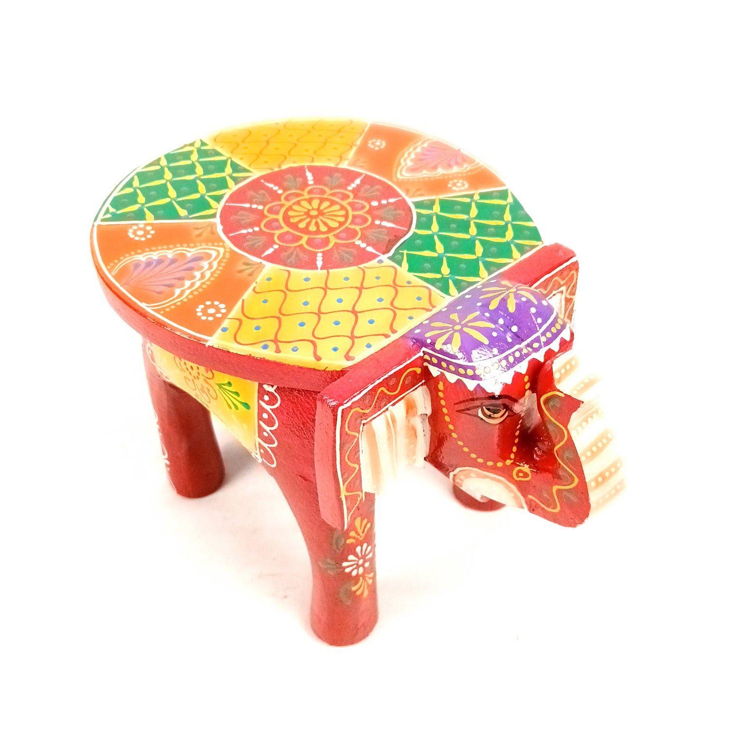 Elephant Showpiece - Stool Design | Elephant Table Showpiece - for Placing Small Pots & Tea Lights - for Home, Living Room Decor & Gifts - 9 Inch (Red, Wood) - Apkamart #Style_Pack Of 1