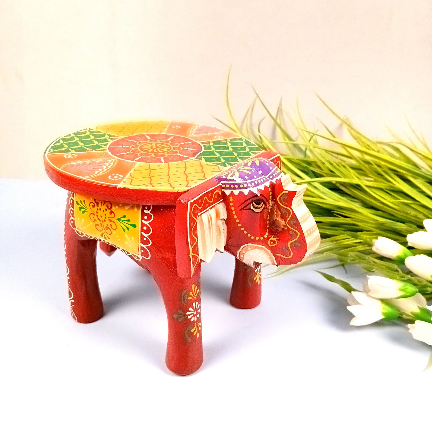 Elephant Showpiece - Stool Design | Elephant Table Showpiece - for Placing Small Pots & Tea Lights - for Home, Living Room Decor & Gifts - 9 Inch (Red, Wood) - Apkamart #Style_Pack Of 1