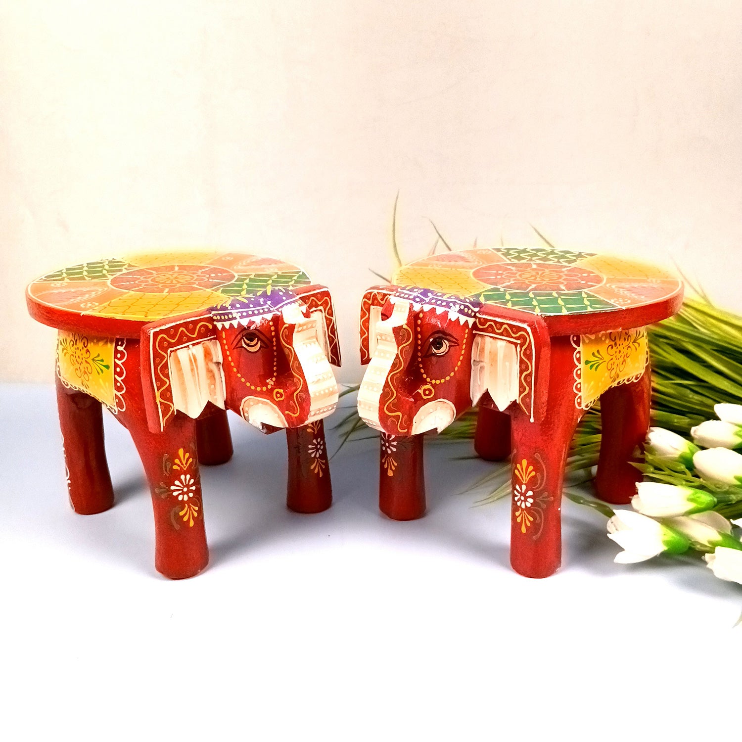 Elephant Showpiece - Stool Design | Elephant Table Showpiece - for Placing Small Pots & Tea Lights - for Home, Living Room Decor & Gifts - 9 Inch (Red, Wood) - Apkamart #Style_Pack Of 2