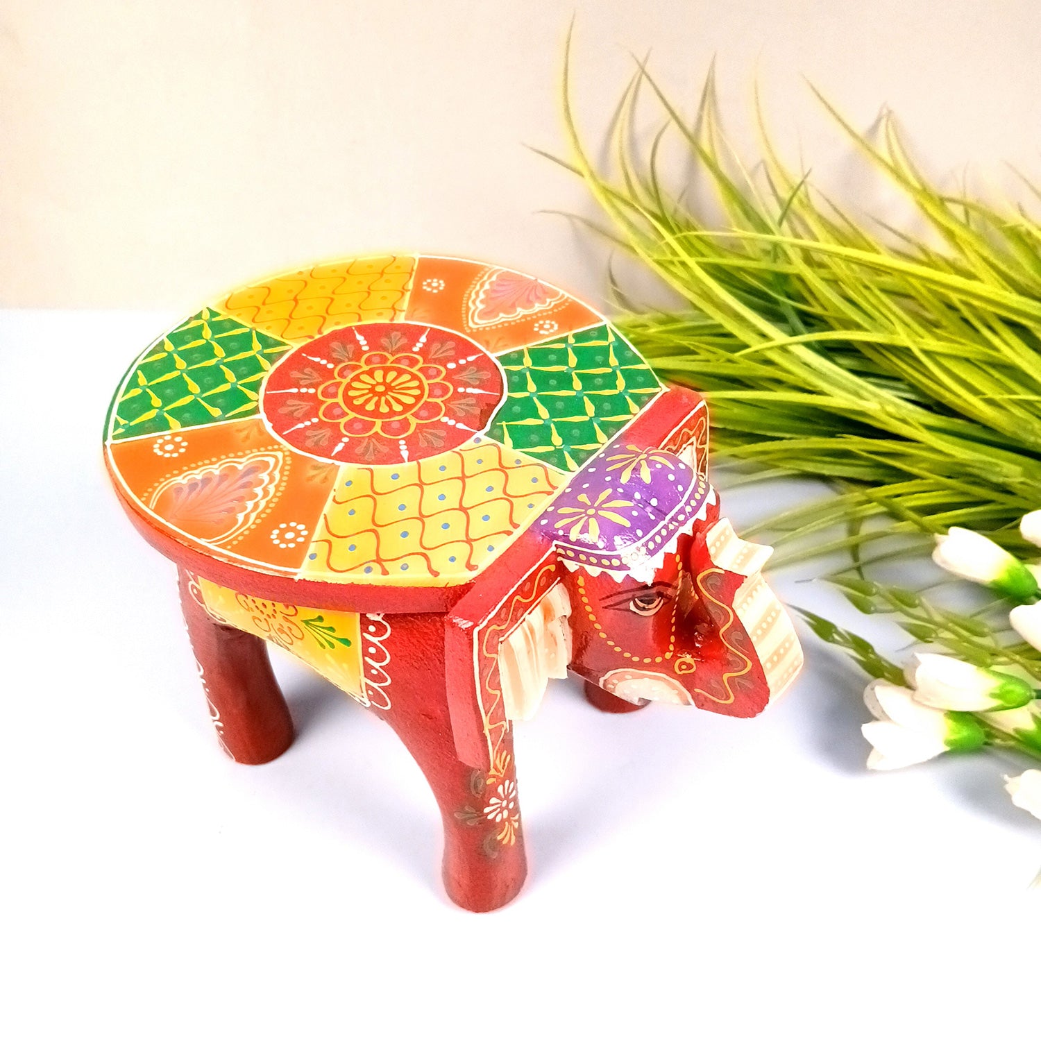 Elephant Showpiece - Stool Design | Elephant Table Showpiece - for Placing Small Pots & Tea Lights - for Home, Living Room Decor & Gifts - 9 Inch (Red, Wood) - Apkamart #Style_Pack Of 1