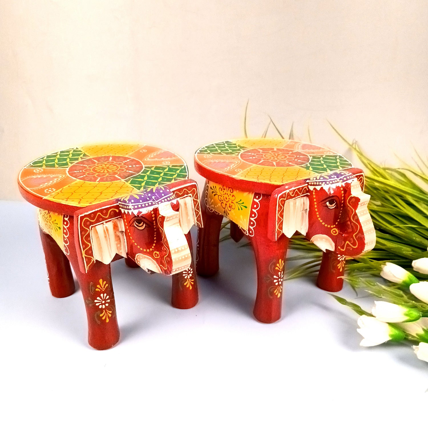 Elephant Showpiece - Stool Design | Elephant Table Showpiece - for Placing Small Pots & Tea Lights - for Home, Living Room Decor & Gifts - 9 Inch (Red, Wood) - Apkamart #Style_Pack Of 2