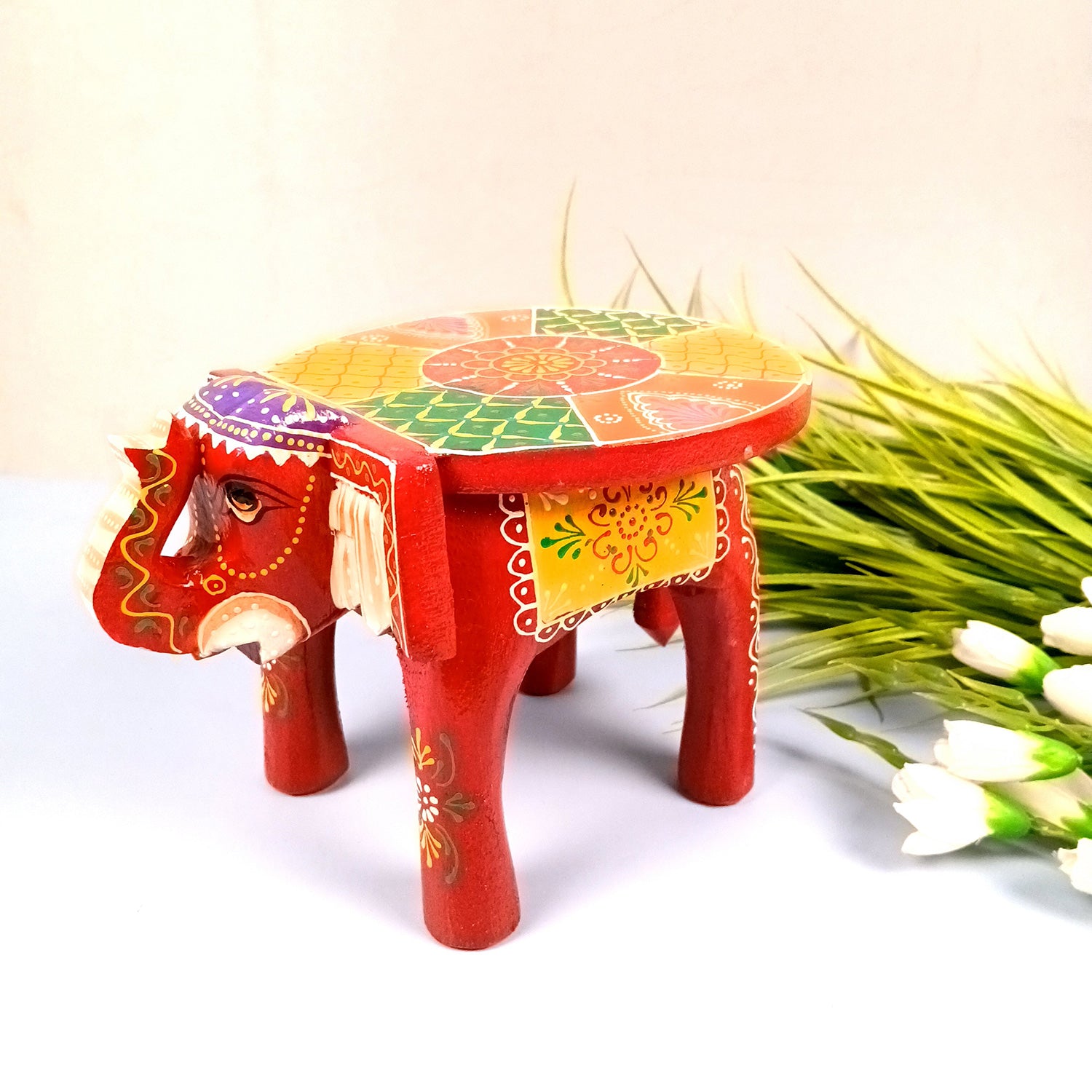 Elephant Showpiece - Stool Design | Elephant Table Showpiece - for Placing Small Pots & Tea Lights - for Home, Living Room Decor & Gifts - 9 Inch (Red, Wood) - Apkamart #Style_Pack Of 1