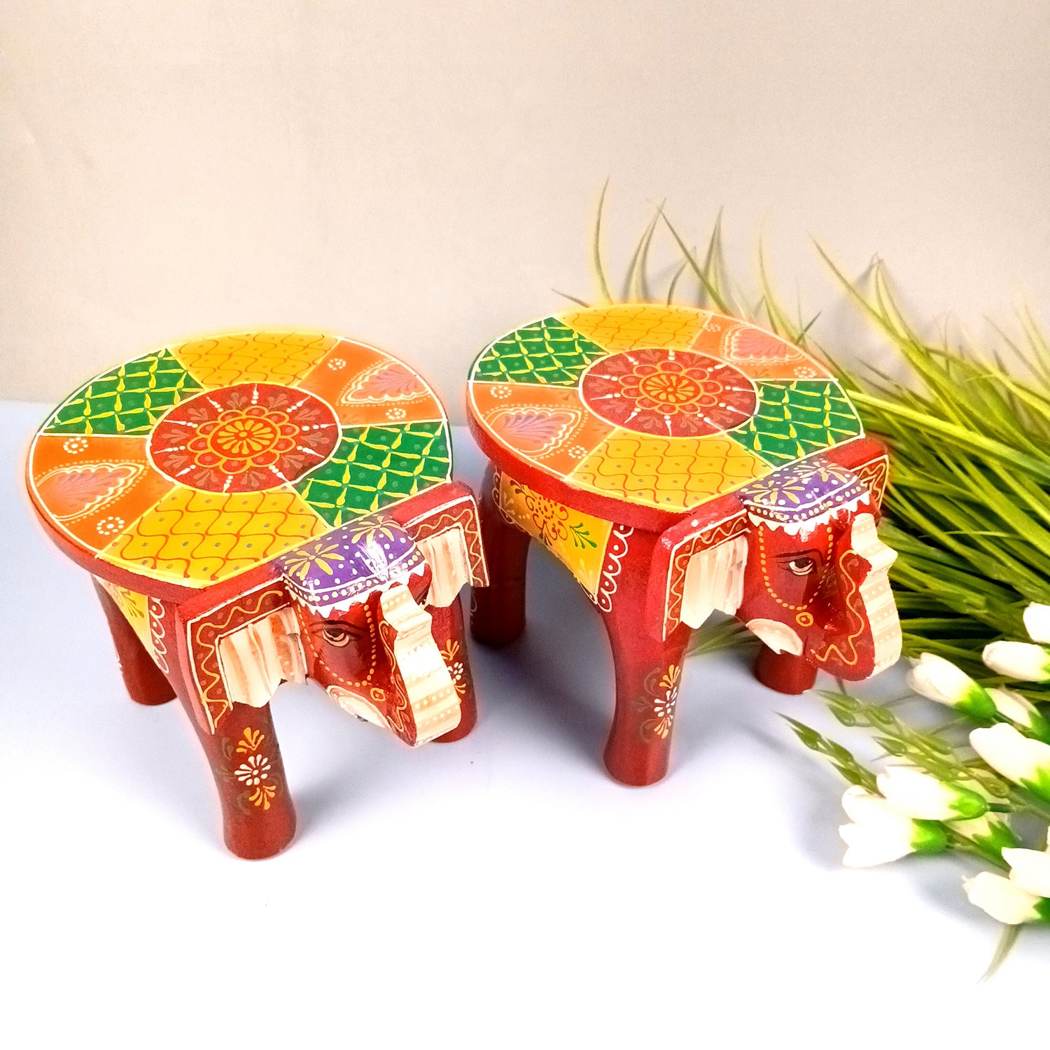 Elephant Showpiece - Stool Design | Elephant Table Showpiece - for Placing Small Pots & Tea Lights - for Home, Living Room Decor & Gifts - 9 Inch (Red, Wood) - Apkamart #Style_Pack Of 2