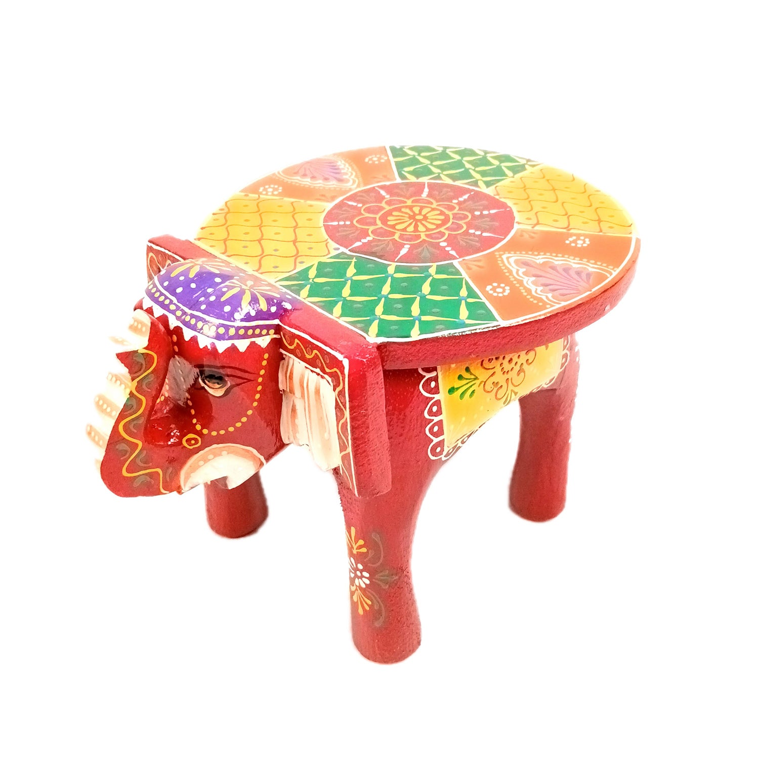 Elephant Showpiece - Stool Design | Elephant Table Showpiece - for Placing Small Pots & Tea Lights - for Home, Living Room Decor & Gifts - 9 Inch (Red, Wood) - Apkamart #Style_Pack Of 1