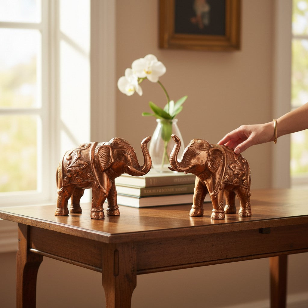 Elephant Statue Showpiece Set | Decorative Elephant Figurine for Home Decor | Lucky Elephant Idol for Living Room, Office, Mandir & Gift - 10 Inch (pack Of 2) - Apkamart