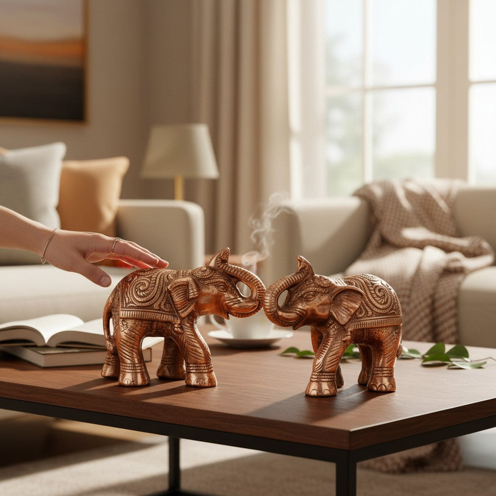 Elephant Statue Showpiece Set | Decorative Elephant Figurine for Home Decor | Lucky Elephant Idol for Living Room, Office, Mandir & Gift - 8 Inch (pack Of 2) - Apkamart