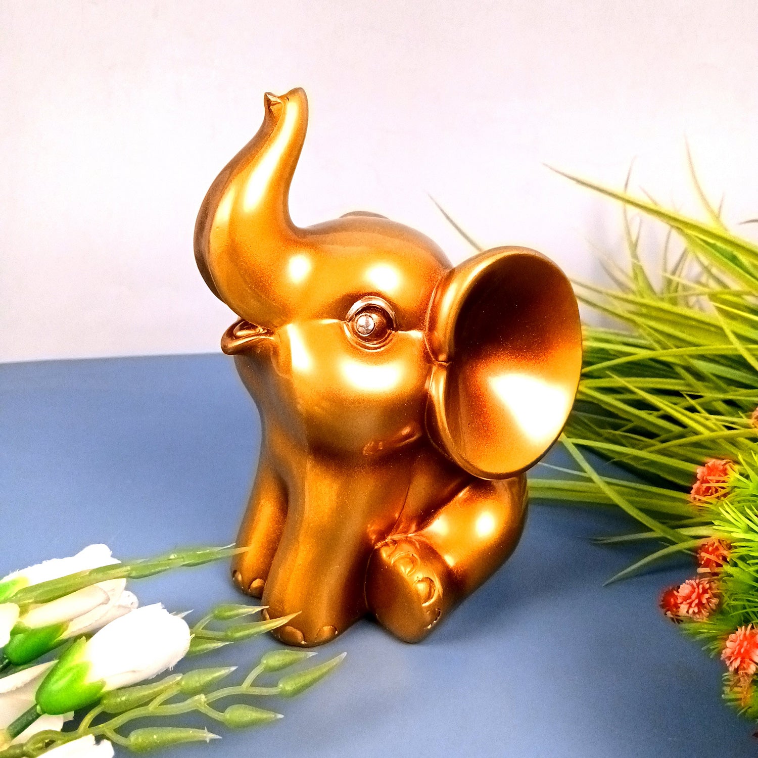 Elephant Statue Showpiece Set | Cute Elephant Figurines - Trunk Up for Vastu & Good Luck - for Home Décor, Living Room, Office Desk & Gifts - 12 Inch (Resin, Golden) - Apkamart #Style_Design 1