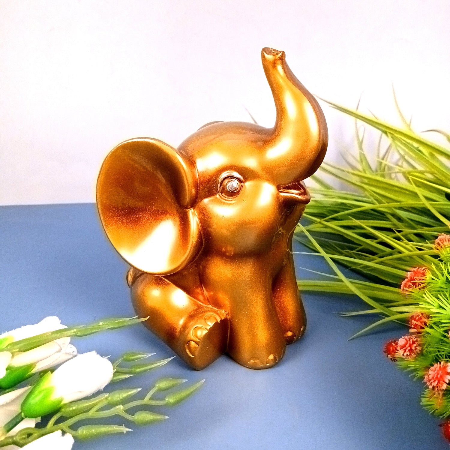 Elephant Statue Showpiece Set | Cute Elephant Figurines - Trunk Up for Vastu & Good Luck - for Home Décor, Living Room, Office Desk & Gifts - 12 Inch (Resin, Golden) - Apkamart #Style_Design 1