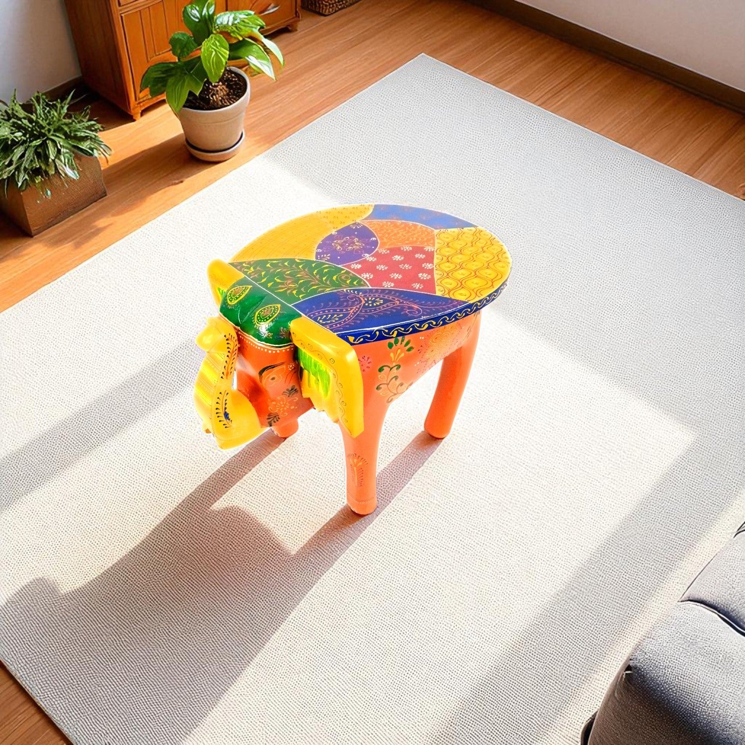 Handcrafted Wooden Elephant Mouth Stool | Decorative Stool for Home, Living Room, Bedroom | Best in Gifting | Ethnic Stool for Home Decor |Multipurpose Furniture - 15 Inch - Apkamart