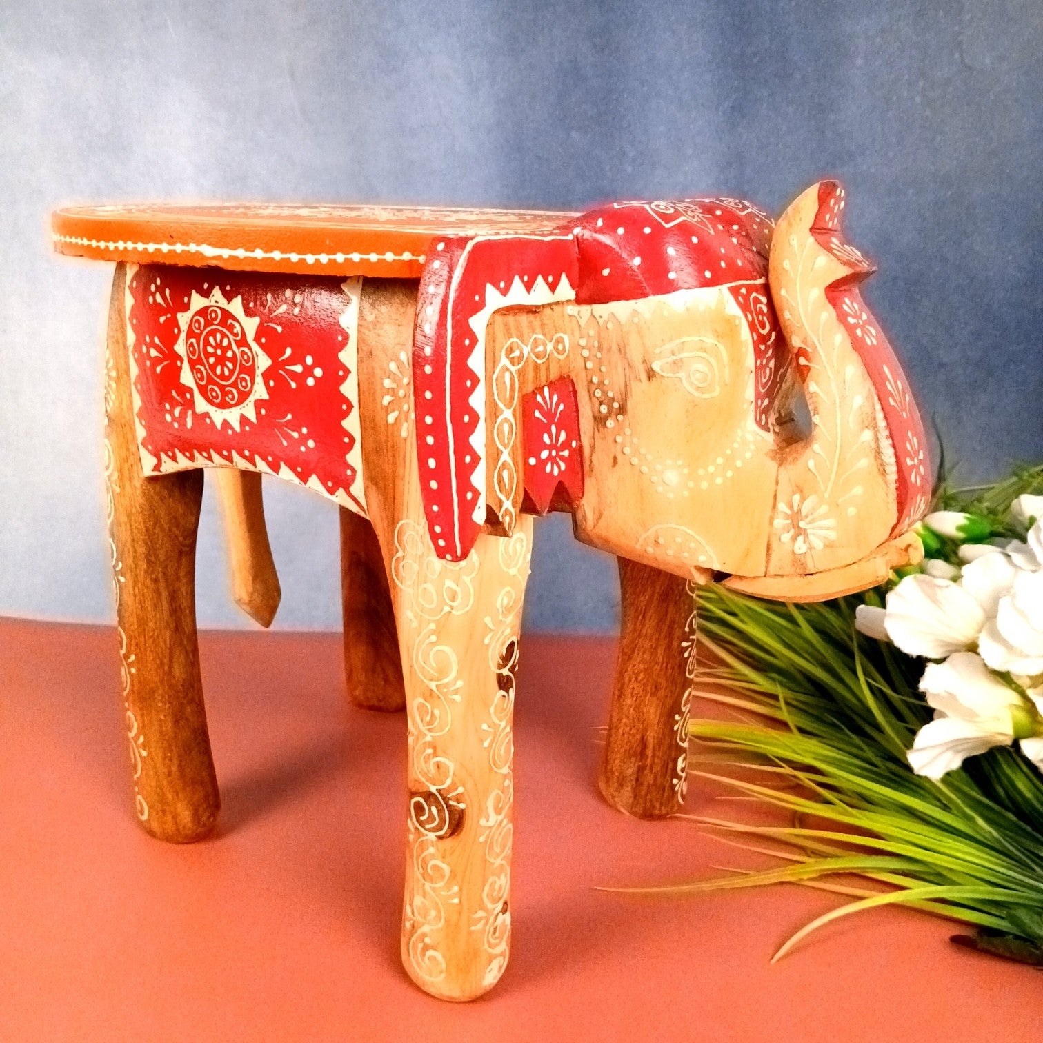 Elephant Stool | Wooden Decorative Stool for Home Decor | Traditional Handcrafted Side Table, Plant Stand & Showpiece for Living Room, Bedroom & Office - 12 Inch - Apkamart