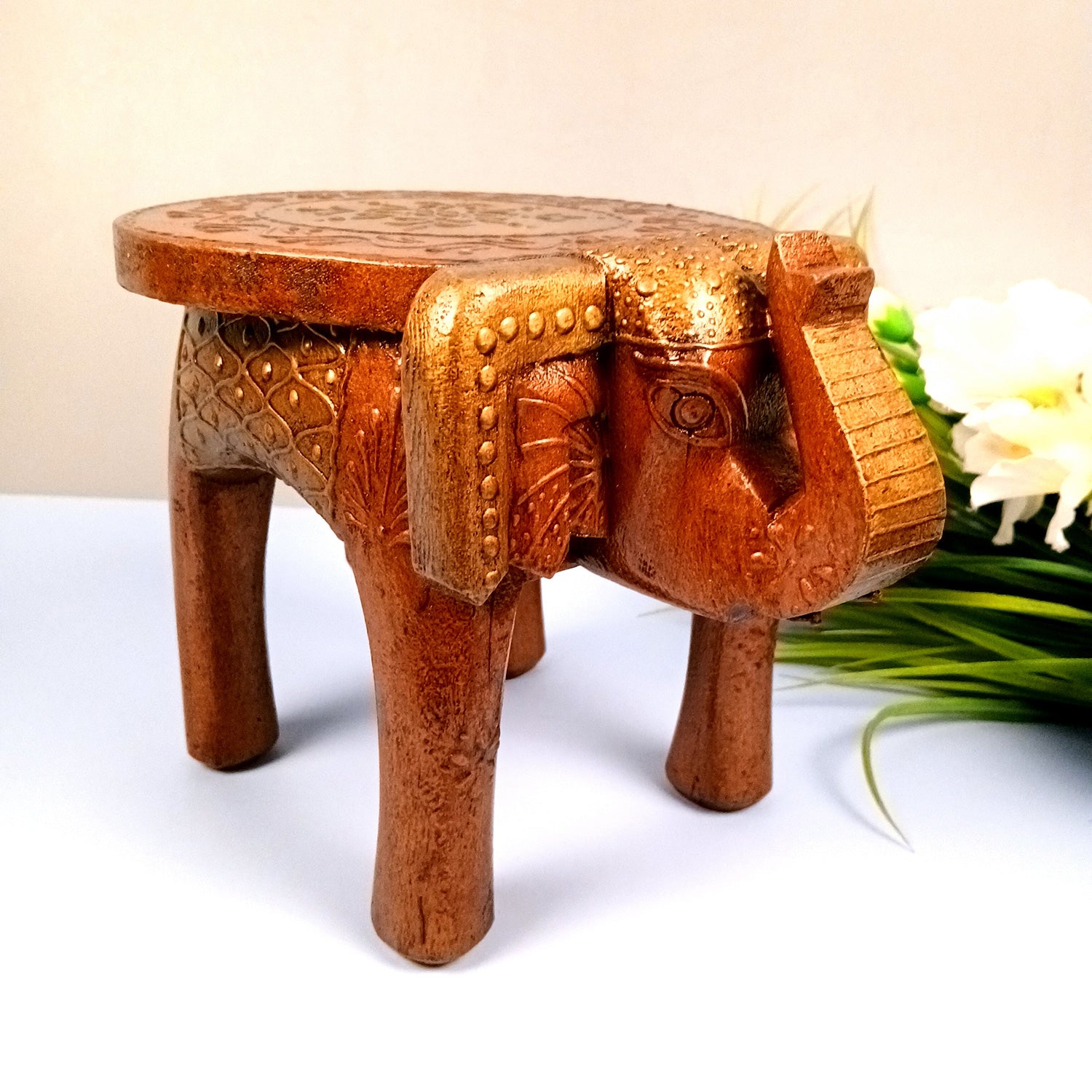 Elephant Stool 8 Inch | Copper Showpiece for Table Decor and Gifts - Apkamart