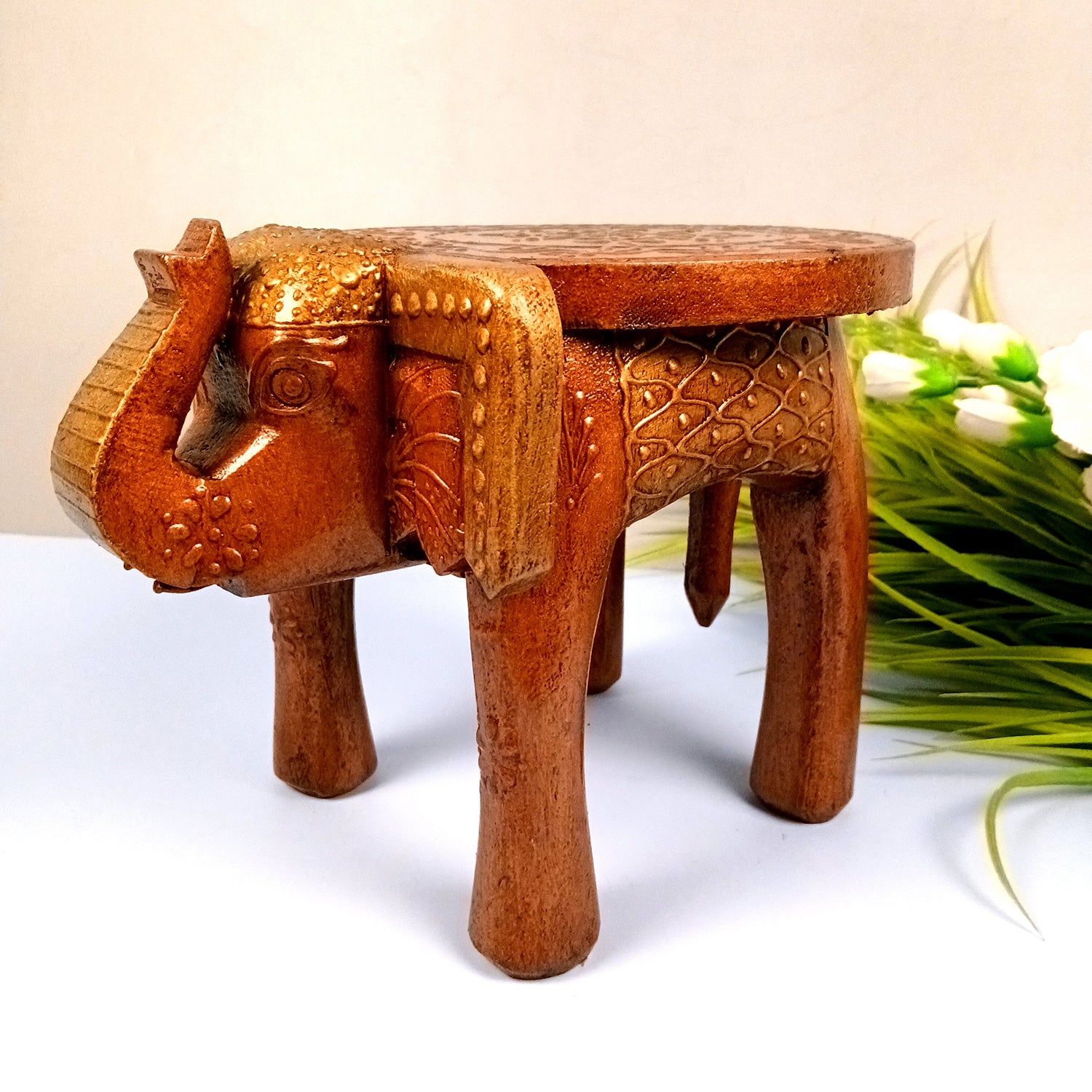 Elephant Stool 8 Inch | Copper Showpiece for Table Decor and Gifts - Apkamart