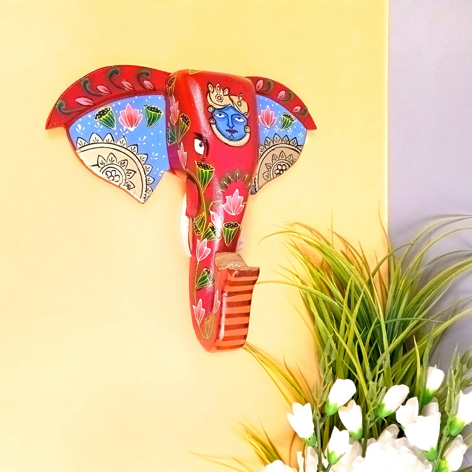 Elephant Head Wall Hanging With Krishna Face | Wooden Elephant Face Wall Mask Decor - For Home, Vastu, Office, Living Room Decor & Gifts - 11 Inch - Apkamart #Style_Design 1