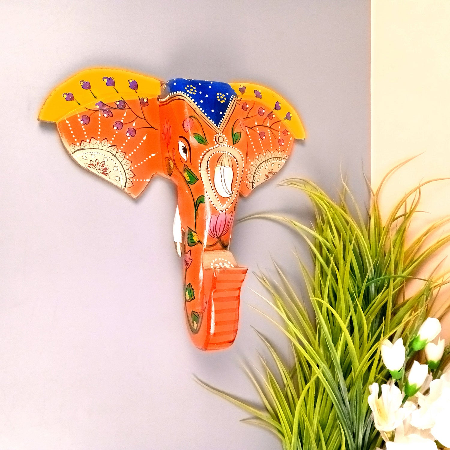 Elephant Head Wall Hanging With Krishna Face | Wooden Elephant Face Wall Mask Decor - For Home, Vastu, Office, Living Room Decor & Gifts - 11 Inch - Apkamart #Style_Design 2