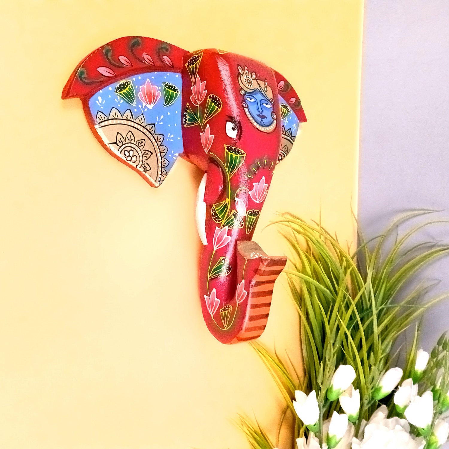 Elephant Head Wall Hanging With Krishna Face | Wooden Elephant Face Wall Mask Decor - For Home, Vastu, Office, Living Room Decor & Gifts - 11 Inch - Apkamart #Style_Design 1