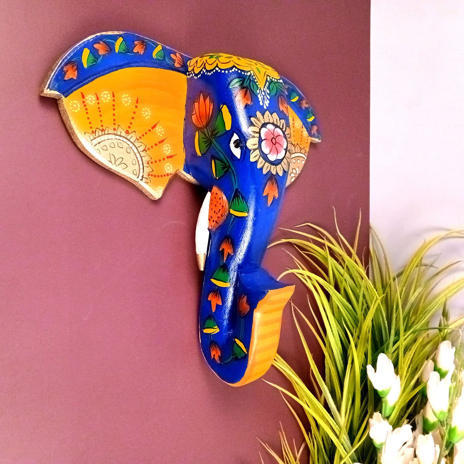 Elephant Head Wall Hanging With Swastik Design | Wooden Elephant Face Wall Mask Decor - For Home, Vastu, Office, Living Room Decor & Gifts - 11 Inch - Apkamart #Style_Design 3