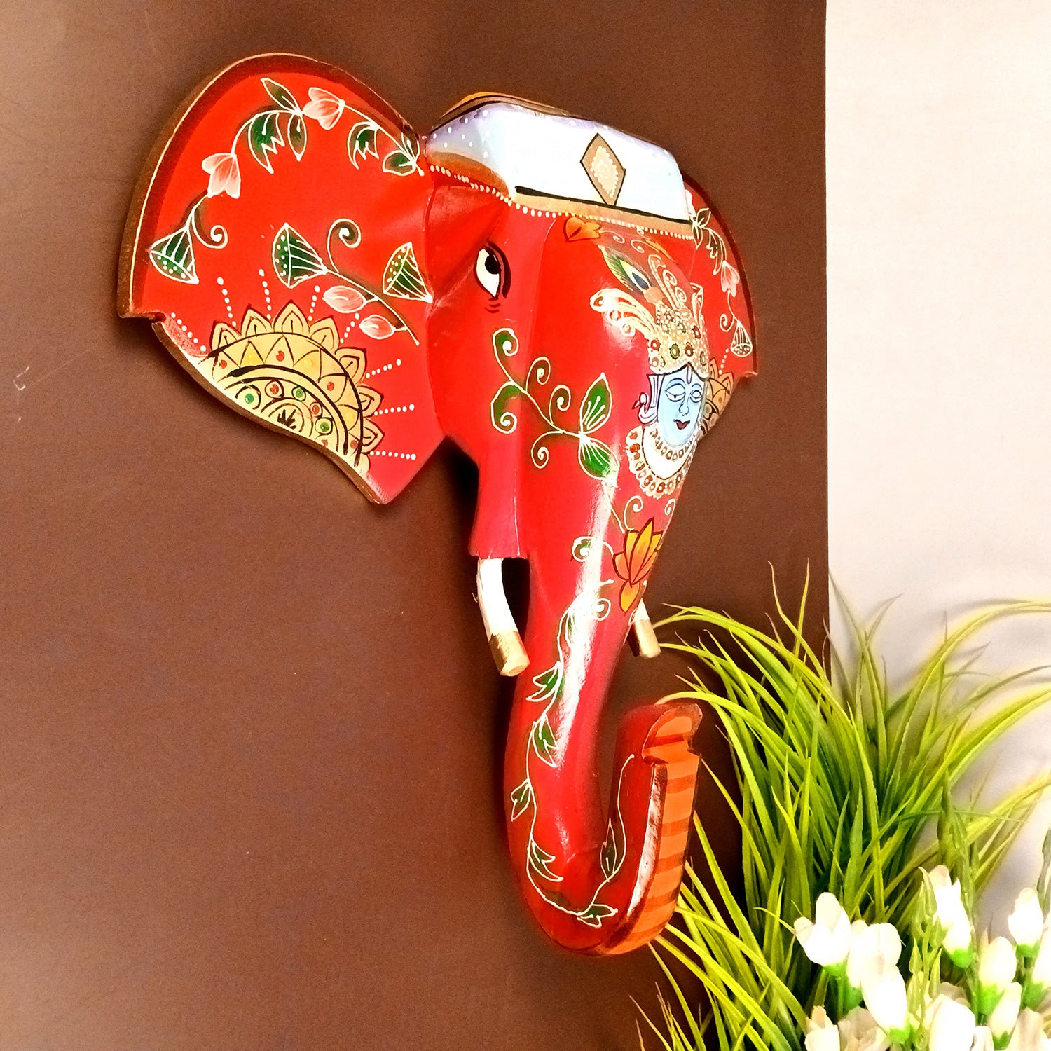 Elephant Wall Hanging With Krishna Face | Wooden Elephant Head Wall Mask Decor - For Home, Vastu, Office, Living Room Decor & Gifts - 14 Inch - Apkamart 