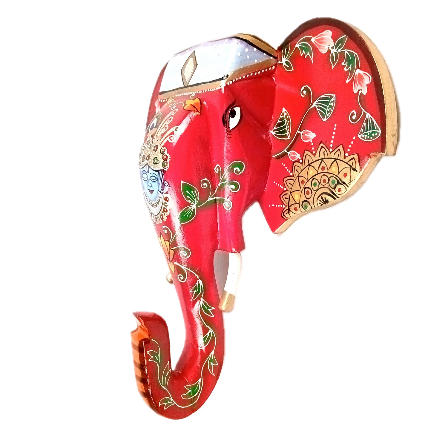 Elephant Wall Hanging With Krishna Face | Wooden Elephant Head Wall Mask Decor - For Home, Vastu, Office, Living Room Decor & Gifts - 14 Inch - Apkamart 