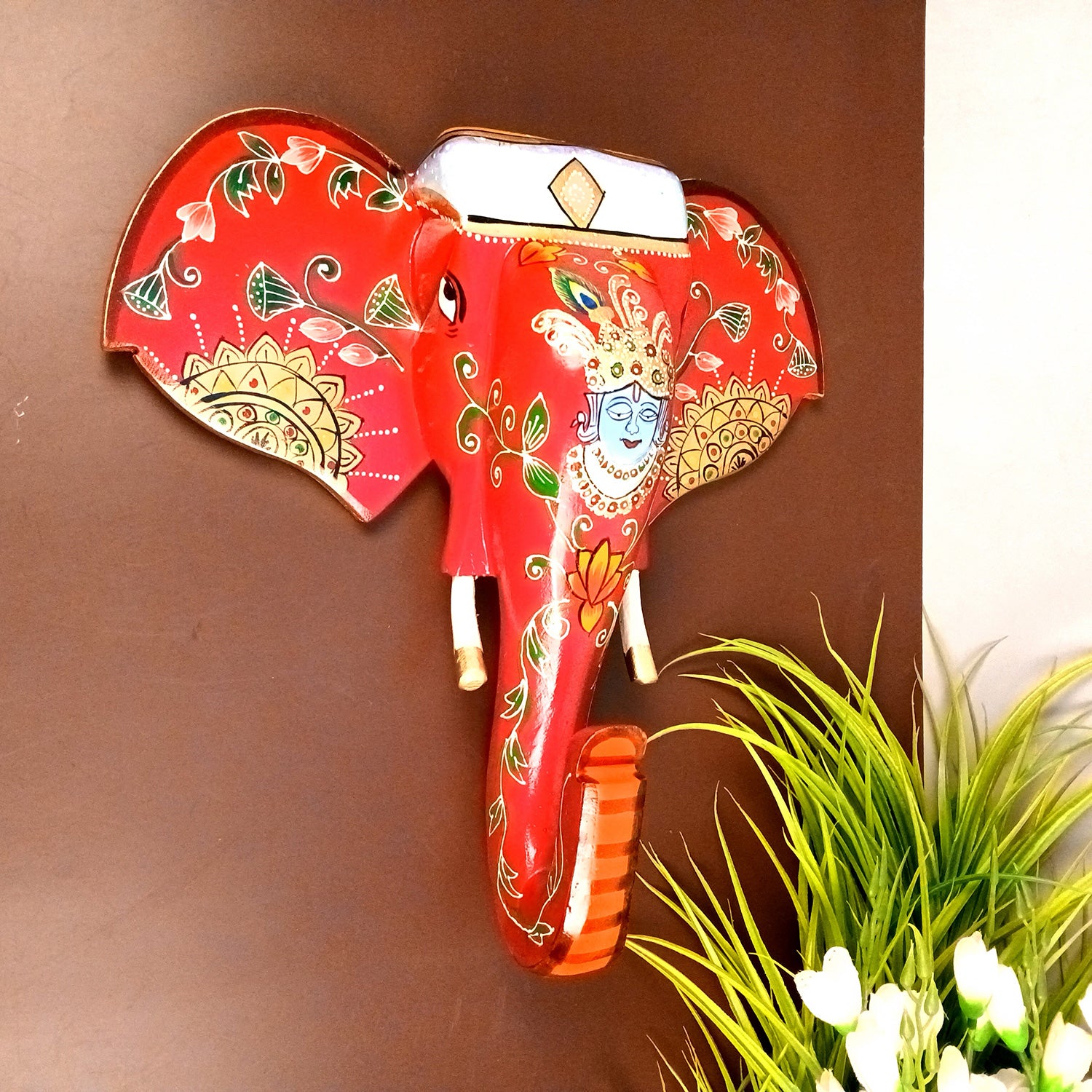 Elephant Wall Hanging With Krishna Face | Wooden Elephant Head Wall Mask Decor - For Home, Vastu, Office, Living Room Decor & Gifts - 14 Inch - Apkamart 