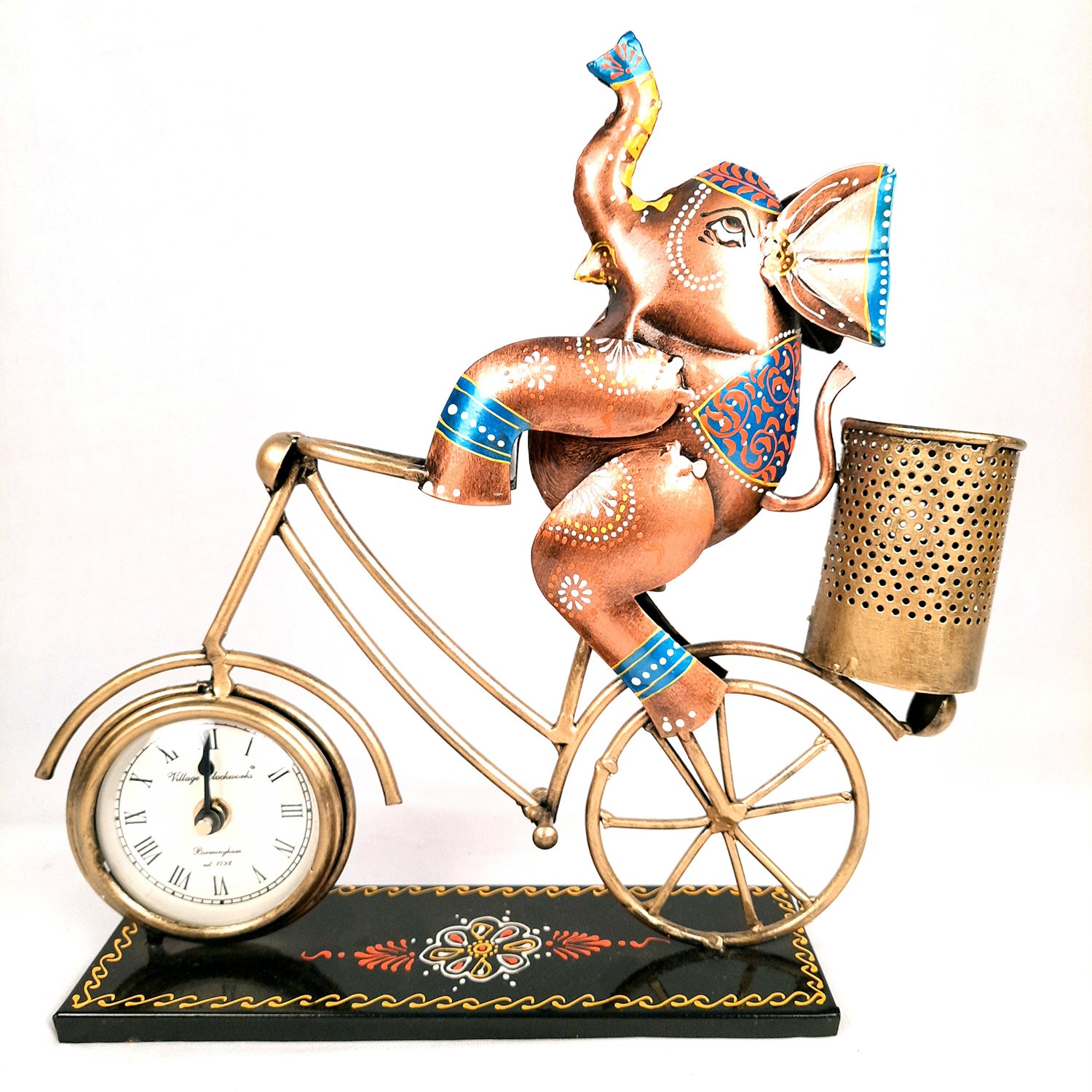 Pen Holder Cum Desk Clock | Elephant on Cycle Decorative Showpiece | Multipurpose Holders Stand - For Stationary Gifts, Table, Desk Organizing, Home, Office Decor & Corporate Gifts - 12 Inch - apkamart