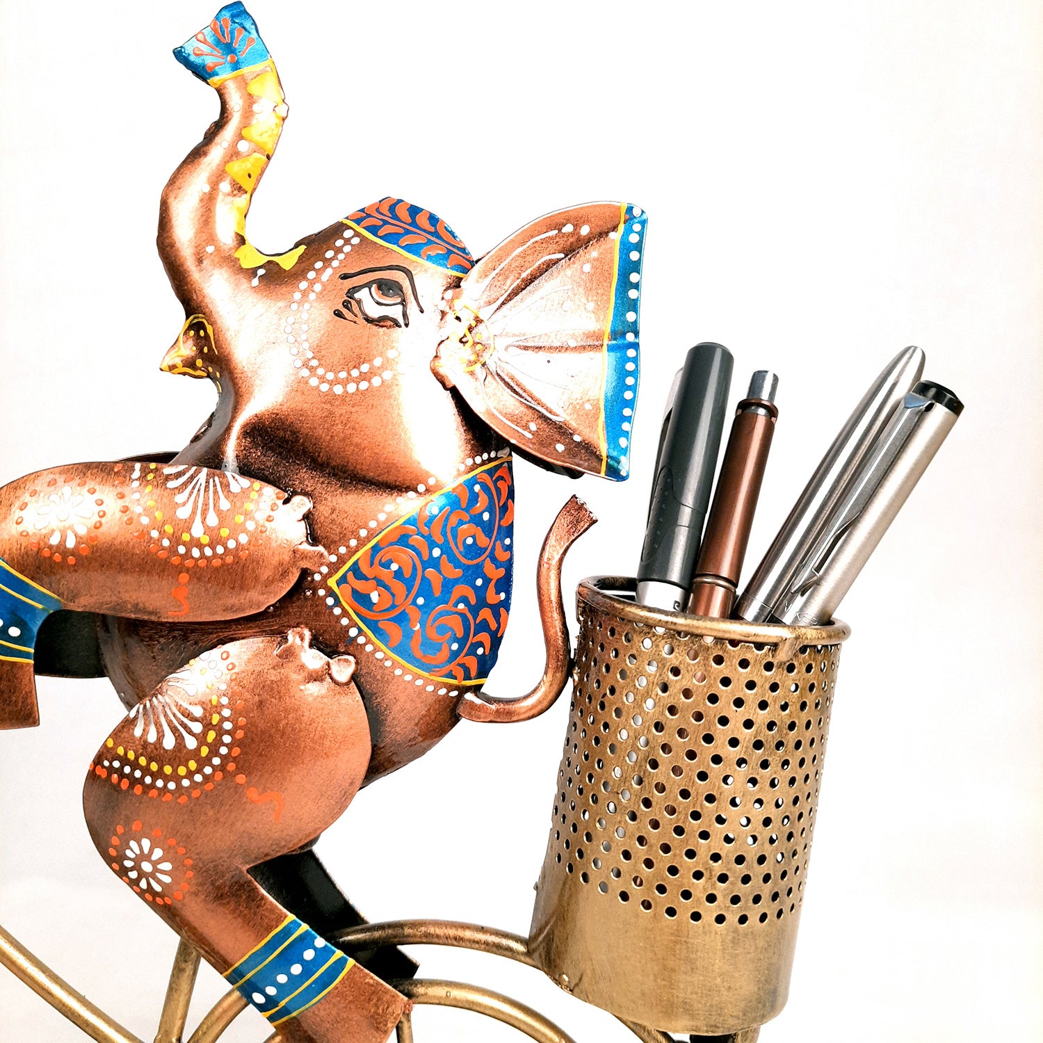 Pen Holder Cum Desk Clock | Elephant on Cycle Decorative Showpiece | Multipurpose Holders Stand - For Stationary Gifts, Table, Desk Organizing, Home, Office Decor & Corporate Gifts - 12 Inch - apkamart