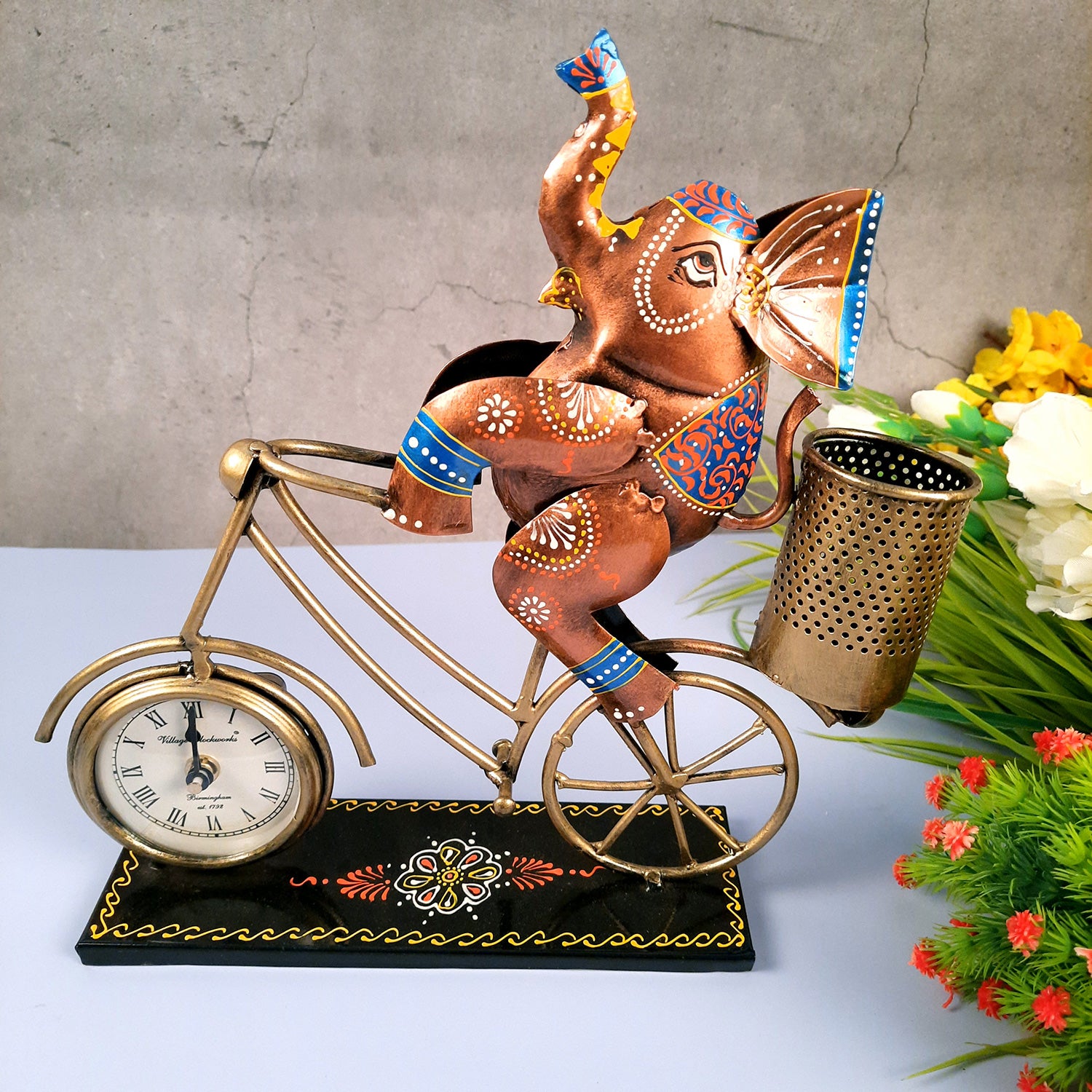 Pen Holder Cum Desk Clock | Elephant on Cycle Decorative Showpiece | Multipurpose Holders Stand - For Stationary Gifts, Table, Desk Organizing, Home, Office Decor & Corporate Gifts - 12 Inch - apkamart