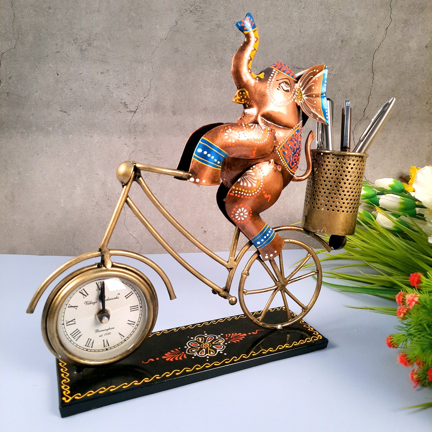 Pen Holder Cum Desk Clock | Elephant on Cycle Decorative Showpiece | Multipurpose Holders Stand - For Stationary Gifts, Table, Desk Organizing, Home, Office Decor & Corporate Gifts - 12 Inch - apkamart