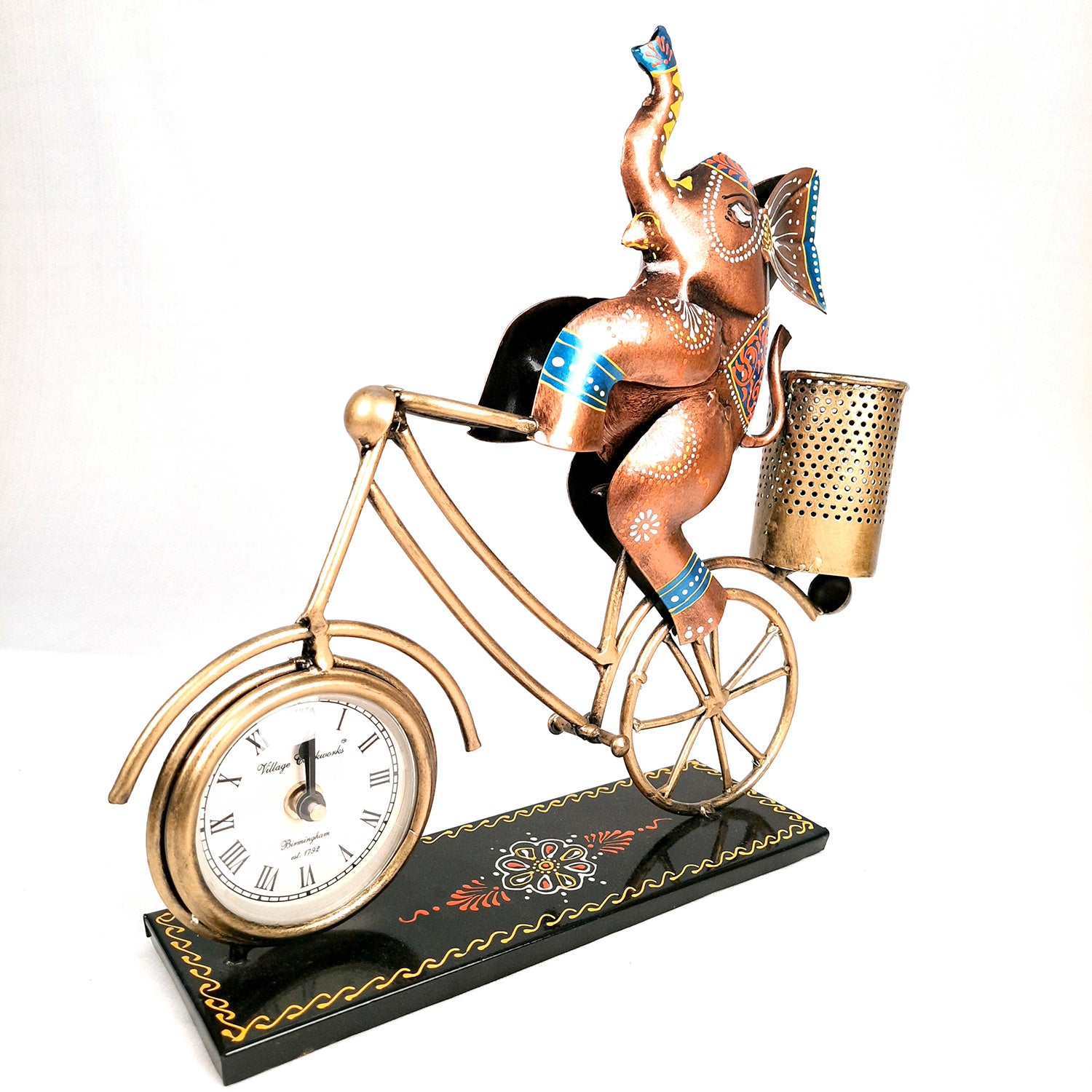 Pen Holder Cum Desk Clock | Elephant on Cycle Decorative Showpiece | Multipurpose Holders Stand - For Stationary Gifts, Table, Desk Organizing, Home, Office Decor & Corporate Gifts - 12 Inch - apkamart