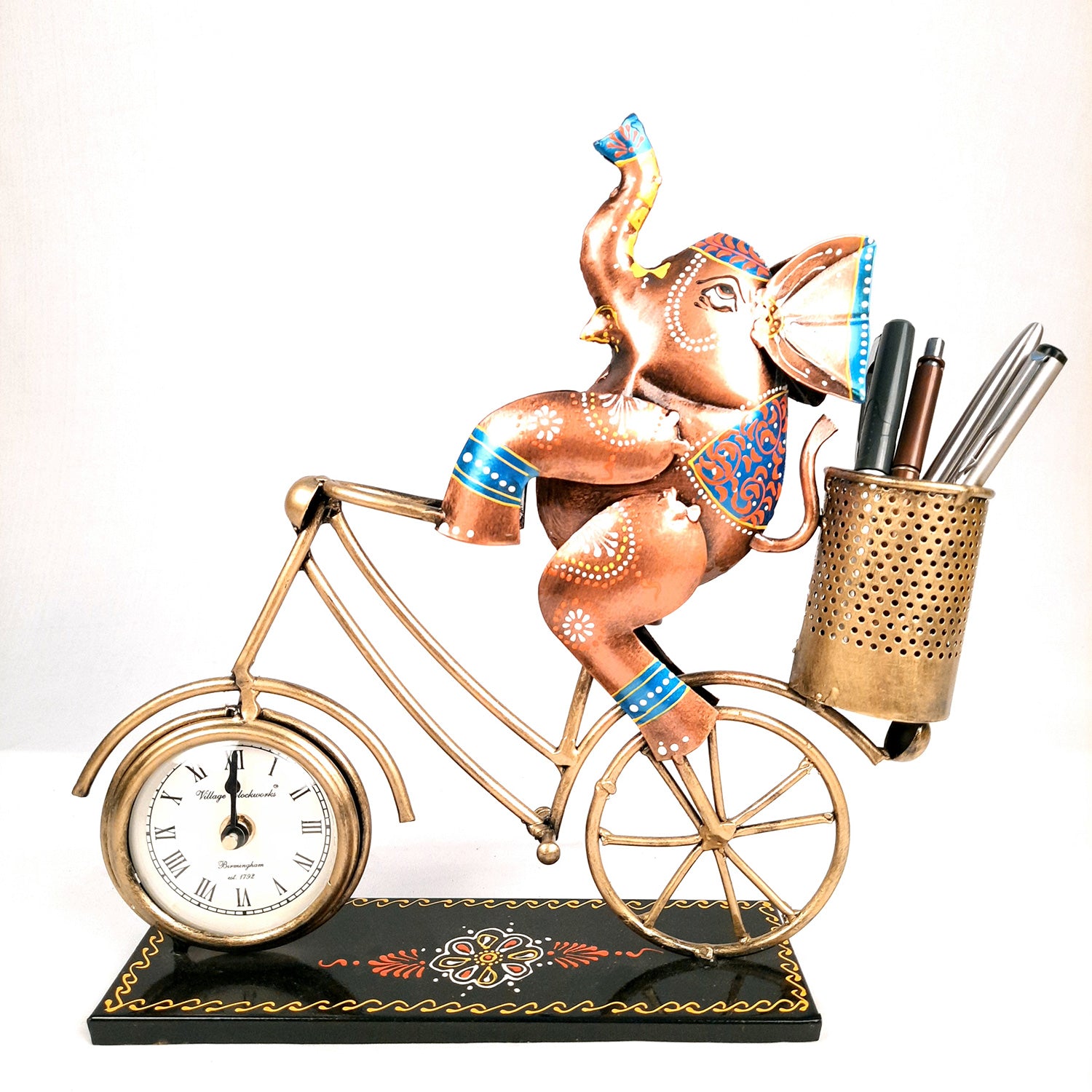 Pen Holder Cum Desk Clock | Elephant on Cycle Decorative Showpiece | Multipurpose Holders Stand - For Stationary Gifts, Table, Desk Organizing, Home, Office Decor & Corporate Gifts - 12 Inch - apkamart