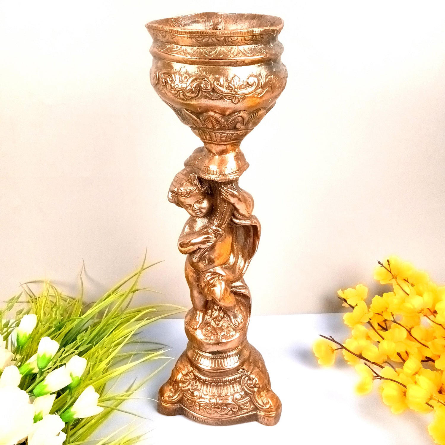 Vase | Flower Pot - Boy Holding Pot Design | Metal Big Showpiece - for Home Decoration, Living Room, Table, Office, Interior Decor, Gifts - 19 Inch - Apkamart