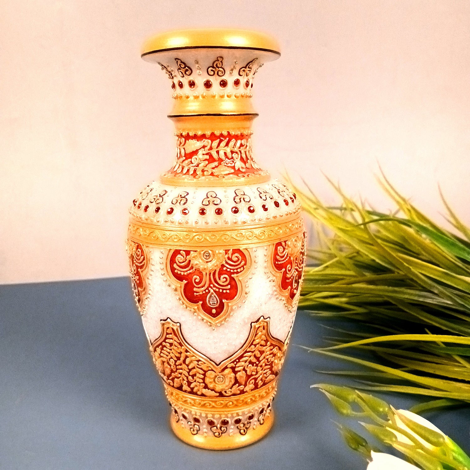 Flower Vase | Marble Flower Pot With Rich Handwork - For Home, Table, Living room, Bedroom Decoration & Wedding / Housewarming Gifts - 10 inch - Apkamart