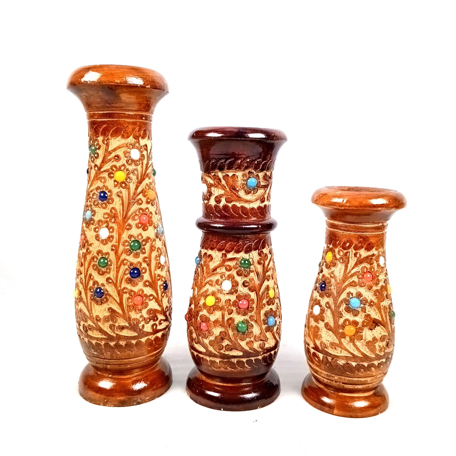 Flower Vase Wooden | Pots for Flowers - For Tabletop, Living Room, Home & Office | Centerpiece for Table Decoration |Vases for Gifts - 12 Inch (Set Of 3) - Apkamart