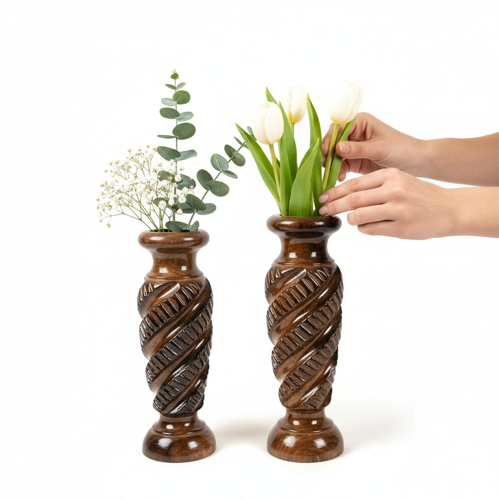 Wooden Flower Vase | Handcrafted Wooden Vase for Home Decor | Decorative Flower Pot for Living Room, Bedroom, Table & Office - 12 Inch (Pack Of 2) - Apkamart
