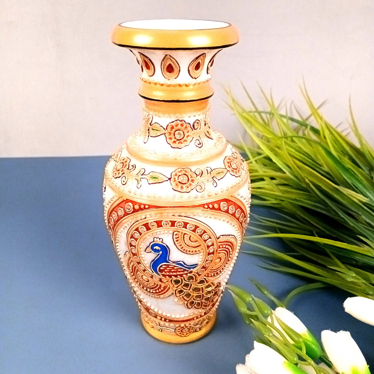 Flower Vase Marble - Peacock Design for Table Decoration | Handcrafted Flower Pot - for Home, Shelf, Living Room, Entrance Decor & Wedding / Housewarming Gifts - 10 inch - Apkamart #Style_Design 1