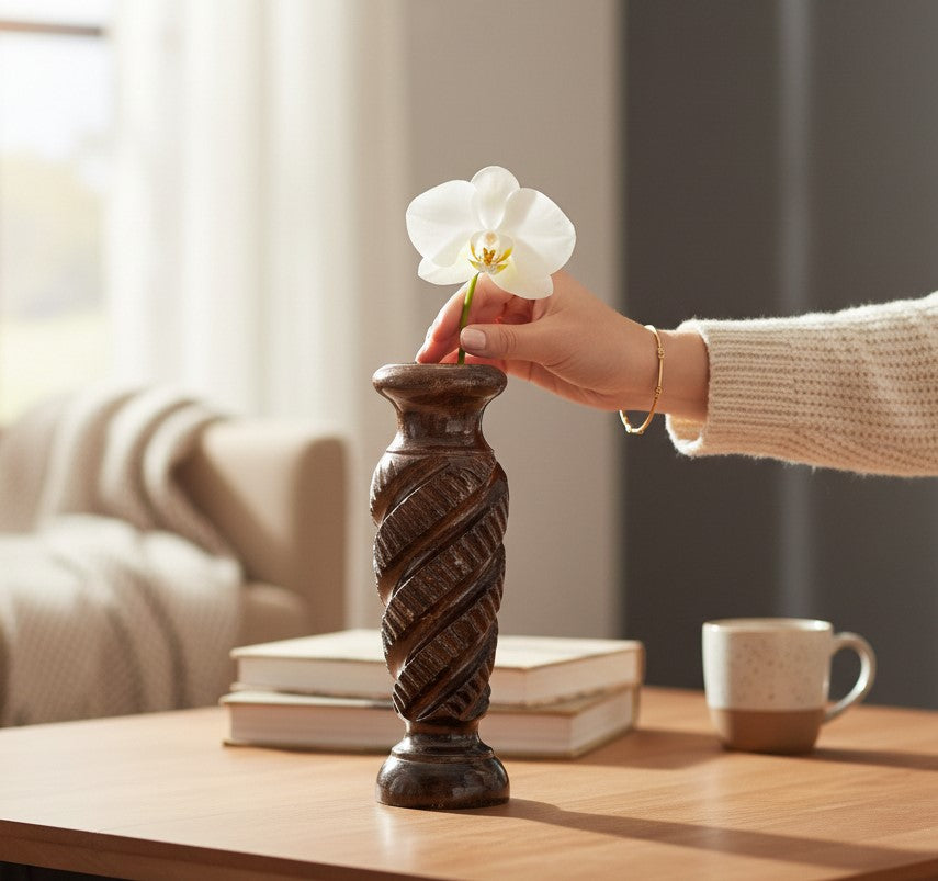 Wooden Flower Vase | Handcrafted Wooden Vase for Home Décor | Decorative Flower Pot for Living Room, Bedroom, Table & Office - 12 Inch - Apkamart