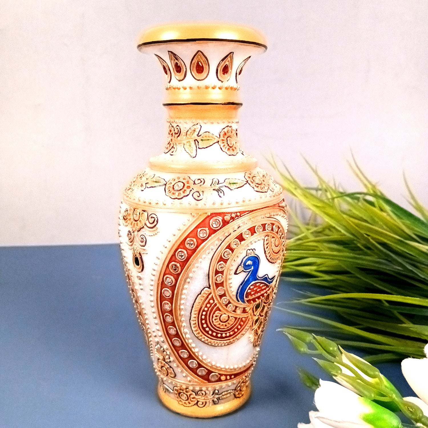 Flower Vase Marble - Peacock Design for Table Decoration | Handcrafted Flower Pot - for Home, Shelf, Living Room, Entrance Decor & Wedding / Housewarming Gifts - 10 inch - Apkamart #Style_Design 1