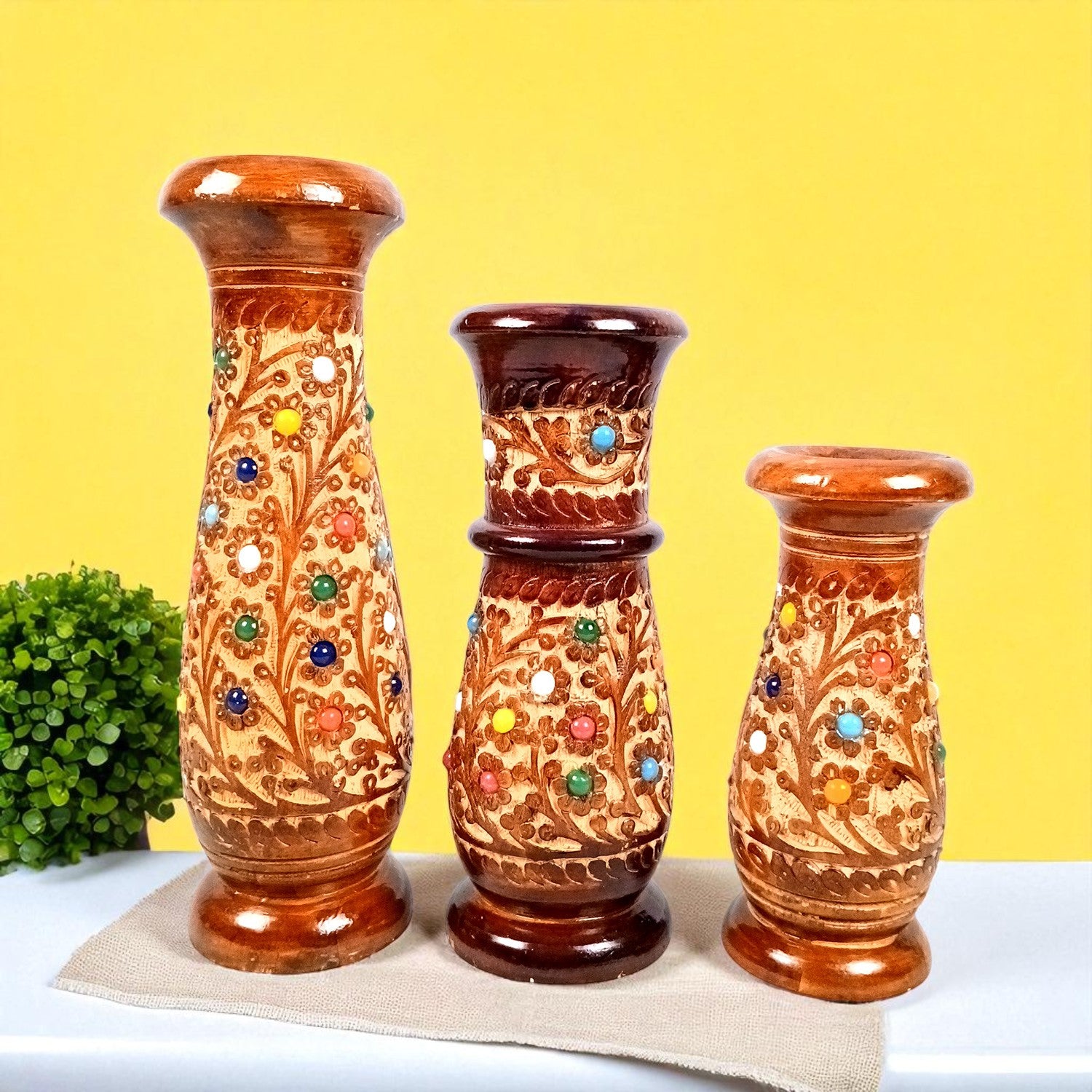 Flower Vase Wooden | Pots for Flowers - For Tabletop, Living Room, Home & Office | Centerpiece for Table Decoration |Vases for Gifts - 12 Inch (Set Of 3) - Apkamart