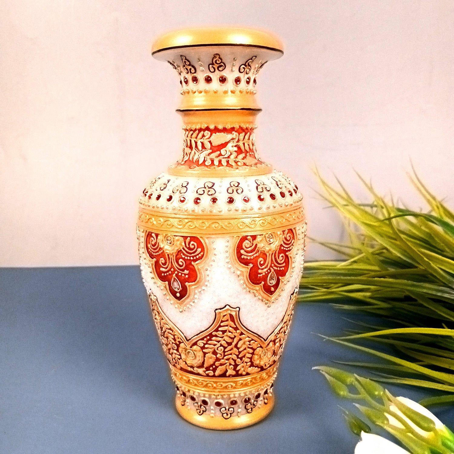 Flower Vase | Marble Flower Pot With Rich Handwork - For Home, Table, Living room, Bedroom Decoration & Wedding / Housewarming Gifts - 10 inch - Apkamart