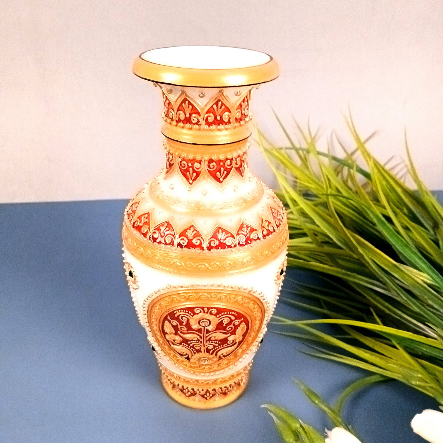 Flower Vase Marble for Table Decoration | Flower Pot Handcrafted - for Home, Living Room, Office, Entrance Decor & Wedding / Housewarming Gifts - 10 inch - Apkamart