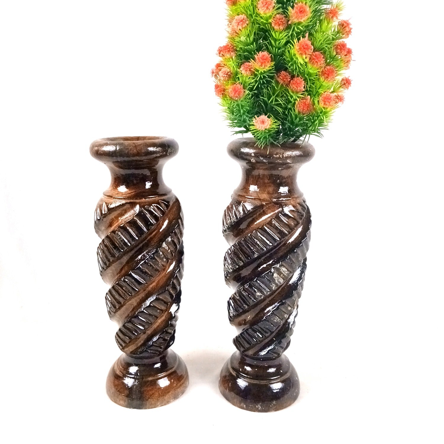 Wooden Flower Vase | Handcrafted Wooden Vase for Home Decor | Decorative Flower Pot for Living Room, Bedroom, Table & Office - 12 Inch (Pack Of 2) - Apkamart