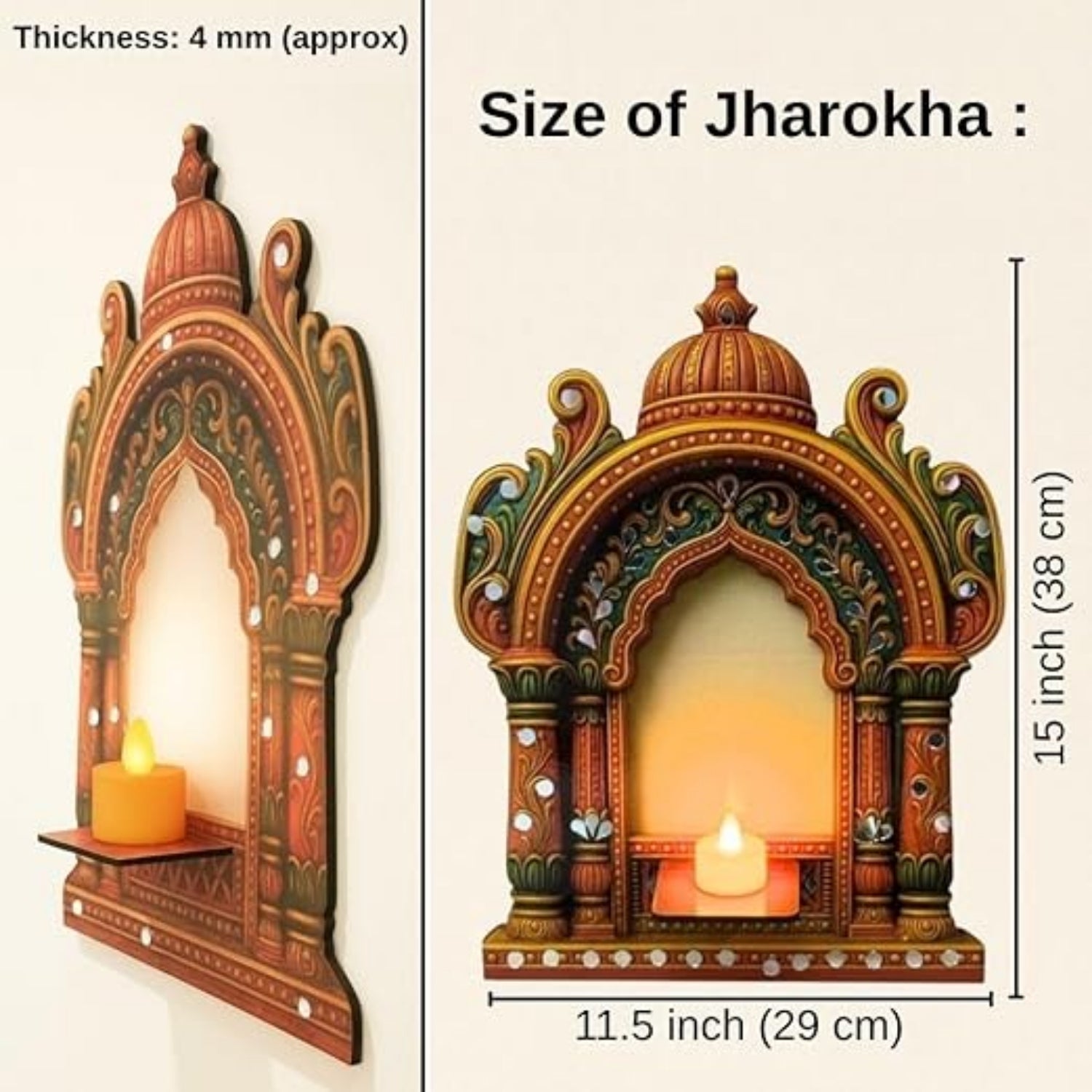 Jharokha Wall Hanging Tea Light Holder | Showpiece & Photo Frame Stand | Decorative Wall Mounted Jharokha for Home Décor, Mandir & Living Room Decoration - 15 Inch - Apkamart