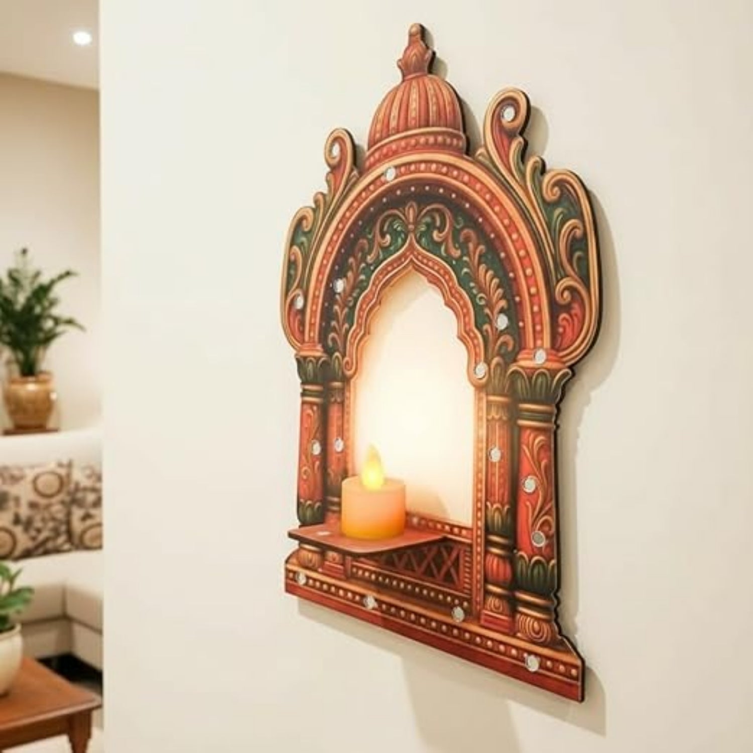 Jharokha Wall Hanging Tea Light Holder | Showpiece & Photo Frame Stand | Decorative Wall Mounted Jharokha for Home Décor, Mandir & Living Room Decoration - 15 Inch - Apkamart